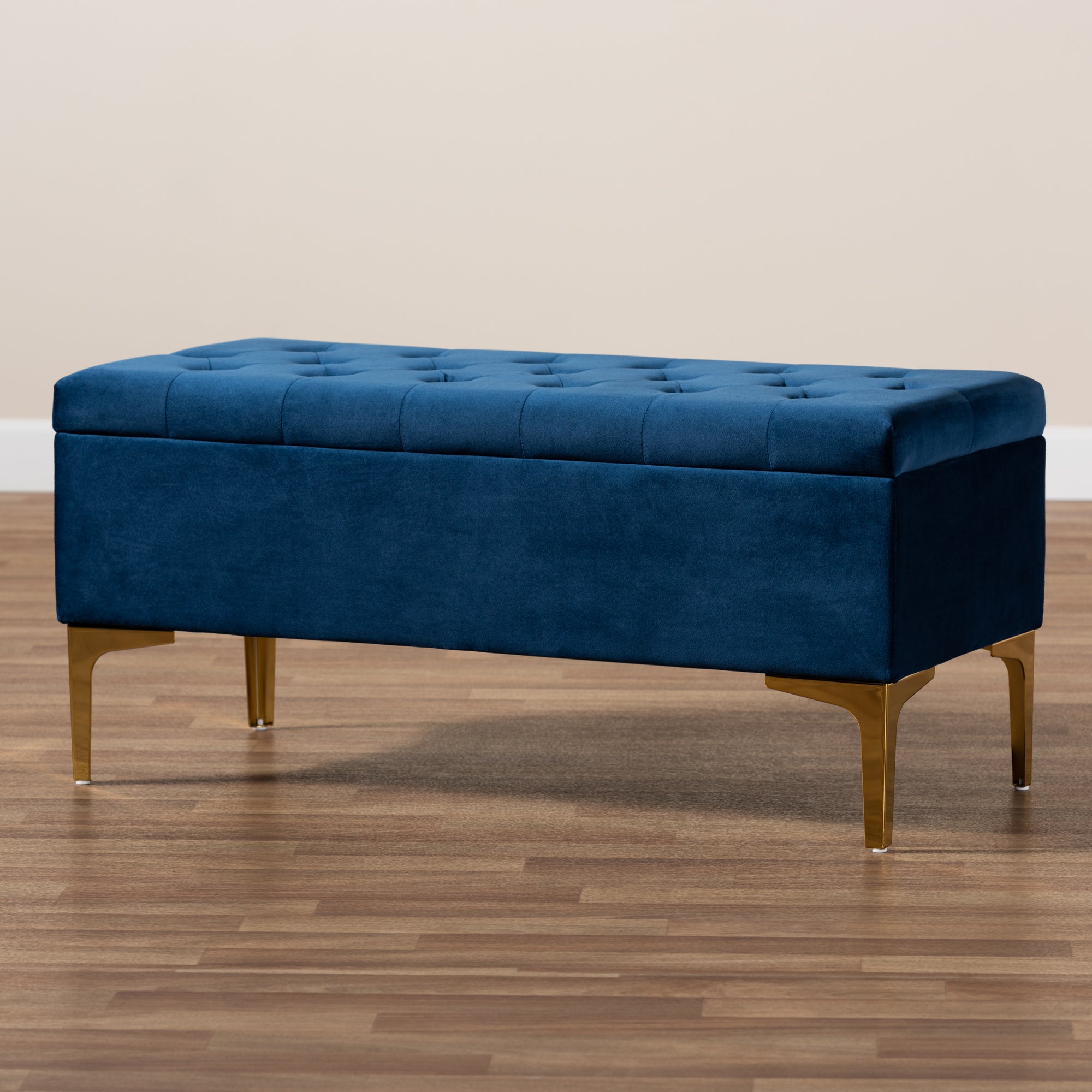 Baxton Studio Valere Glam and Luxe Navy Blue Velvet Fabric Upholstered Gold Finished Button Tufted Storage Ottoman