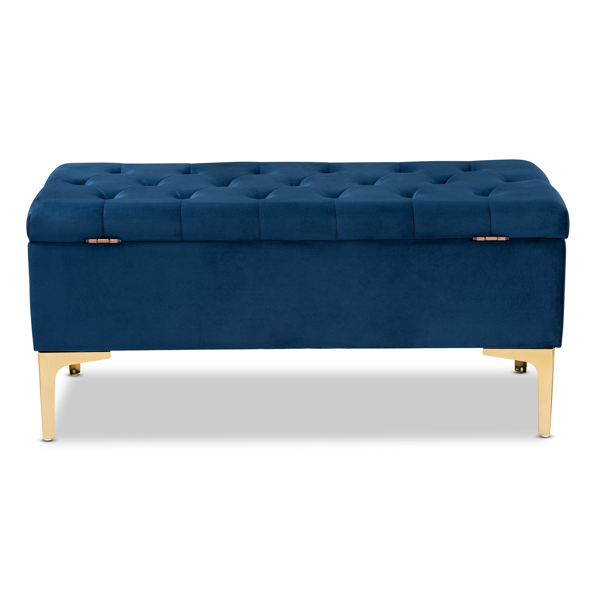 Baxton Studio Valere Glam and Luxe Navy Blue Velvet Fabric Upholstered Gold Finished Button Tufted Storage Ottoman