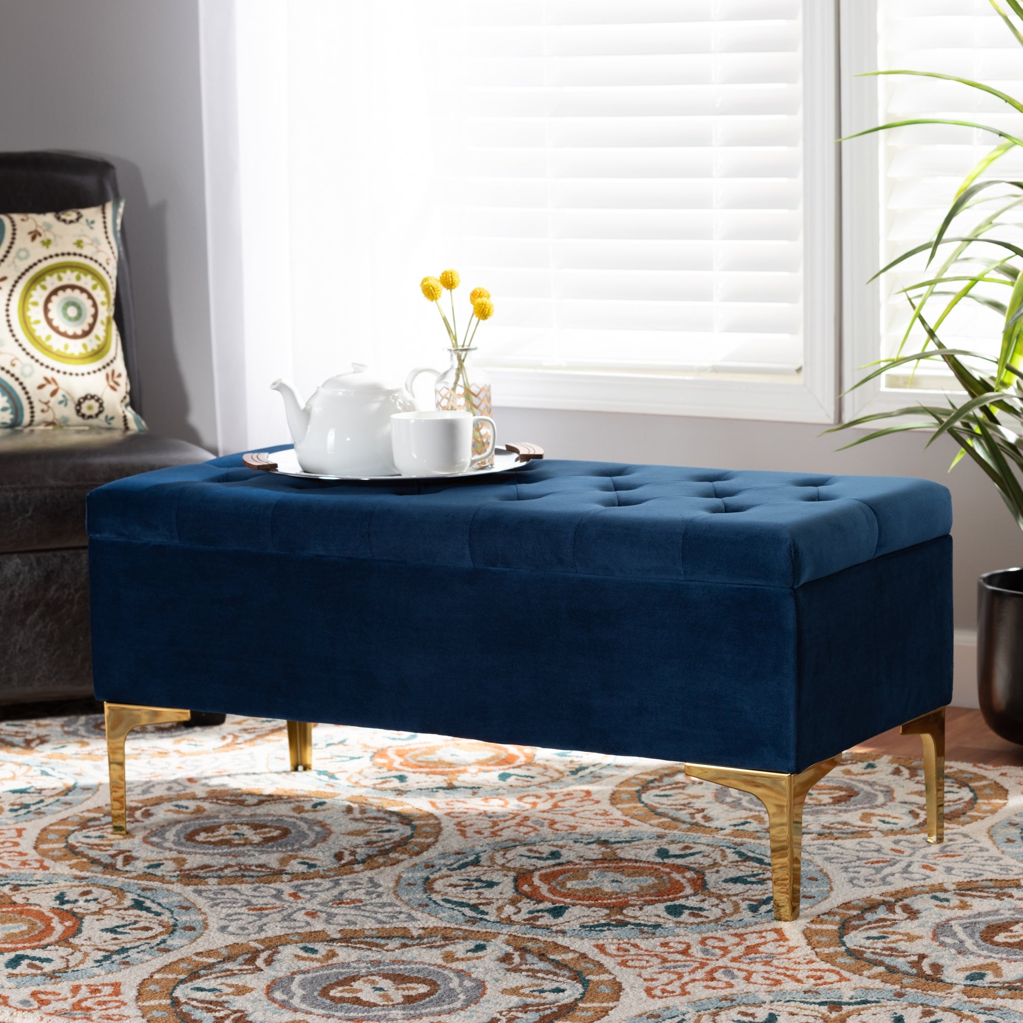 Baxton Studio Valere Glam and Luxe Navy Blue Velvet Fabric Upholstered Gold Finished Button Tufted Storage Ottoman