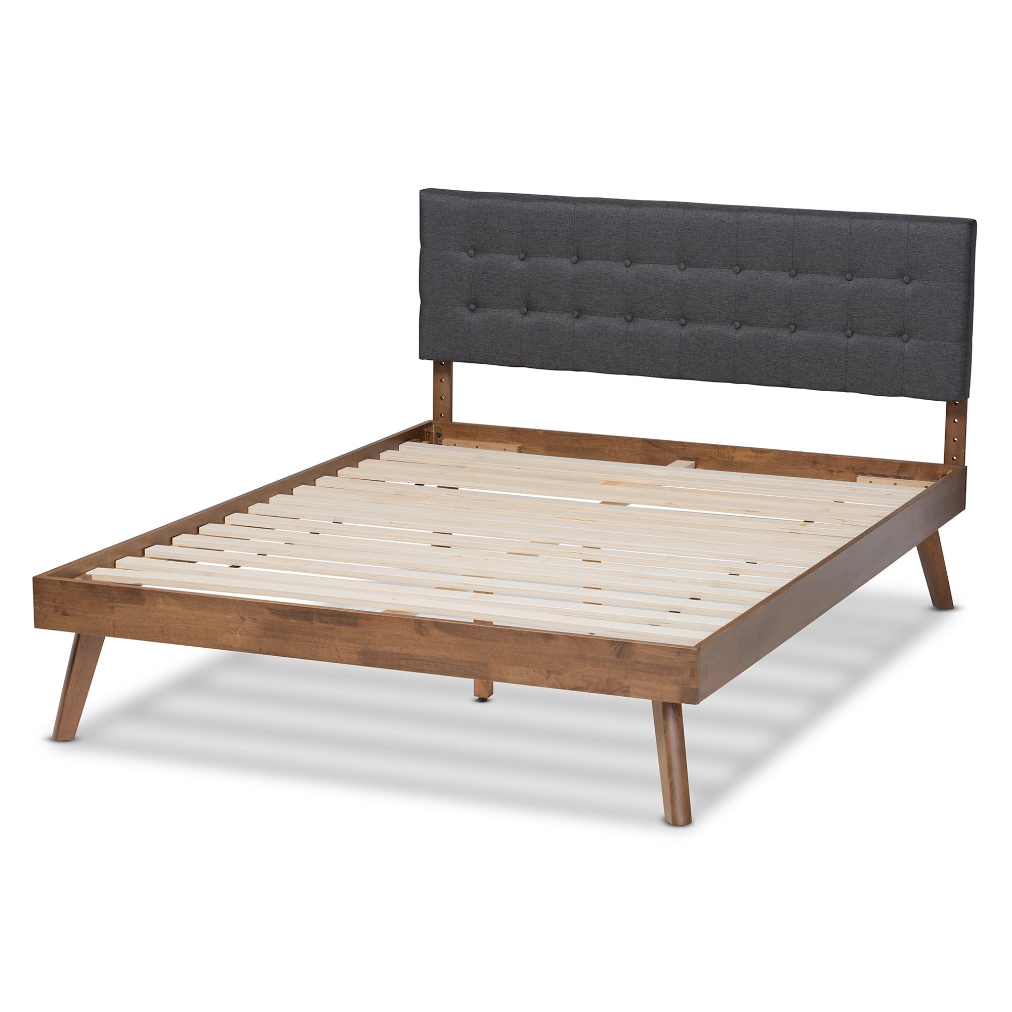 Baxton Studio Devan Mid-Century Modern Dark Grey Fabric Upholstered Walnut Brown Finished Wood Queen Size Platform Bed