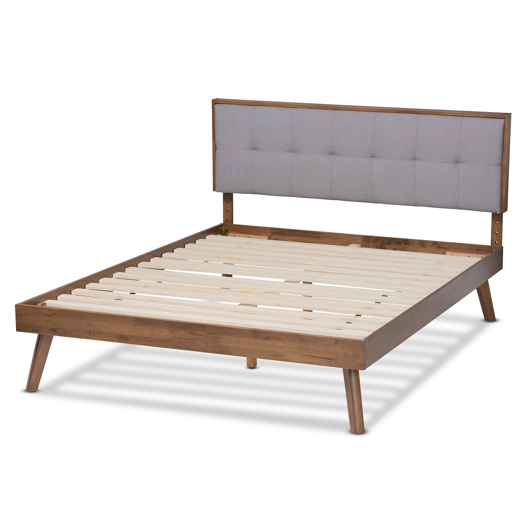 Baxton Studio Alke Mid-Century Modern Light Grey Fabric Upholstered Walnut Brown Finished Wood Queen Size Platform Bed