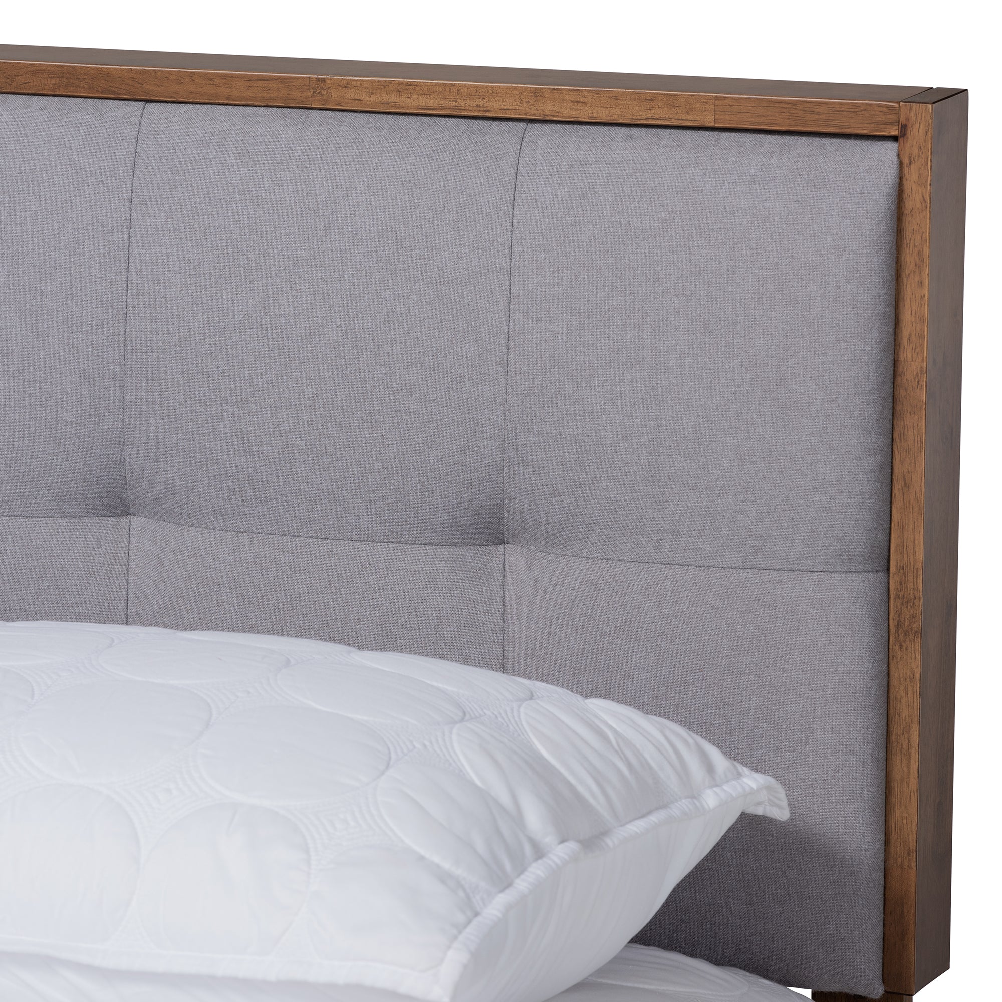 Baxton Studio Alke Mid-Century Modern Light Grey Fabric Upholstered Walnut Brown Finished Wood King Size Platform Bed