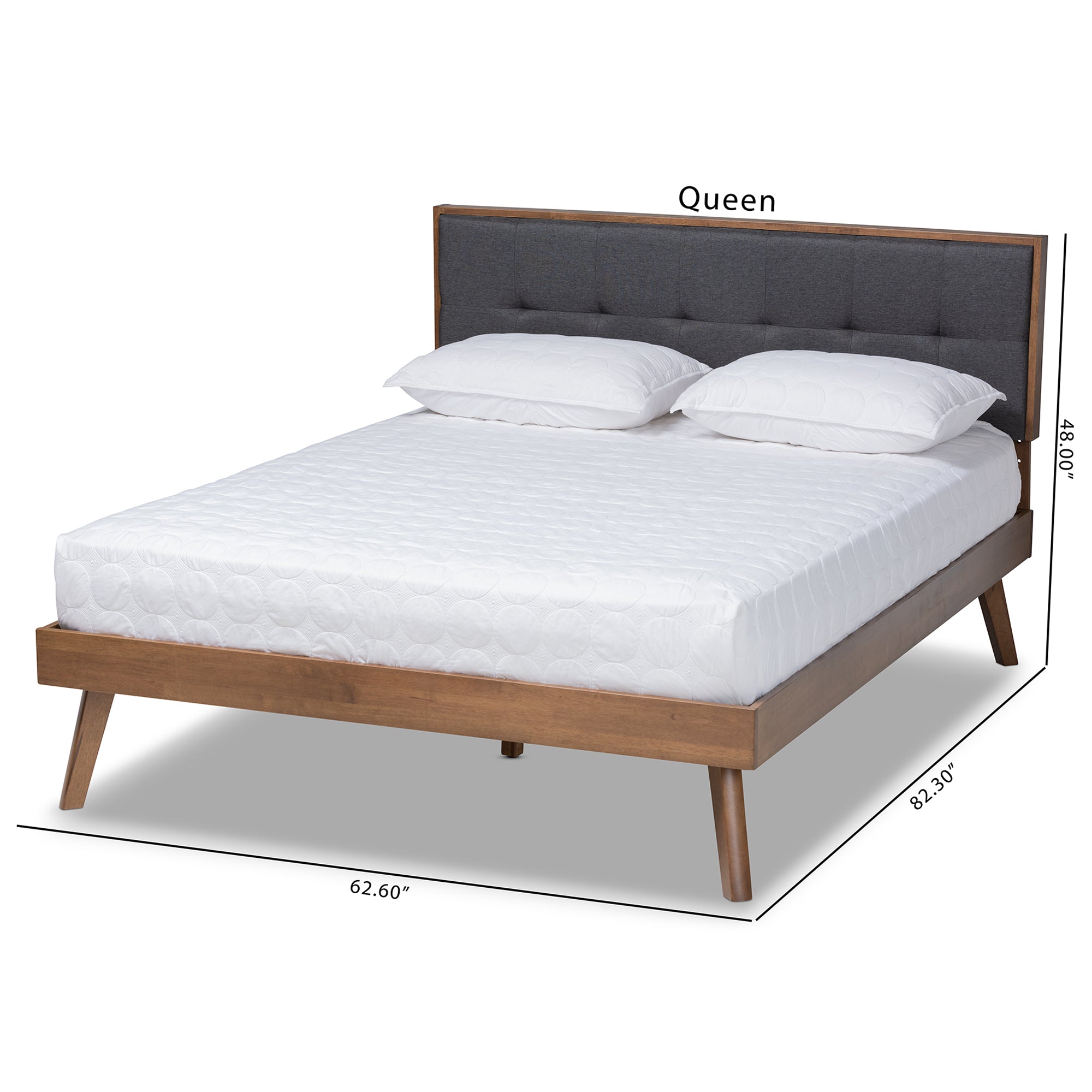 Baxton Studio Alke Mid-Century Modern Dark Grey Fabric Upholstered Walnut Brown Finished Wood King Size Platform Bed
