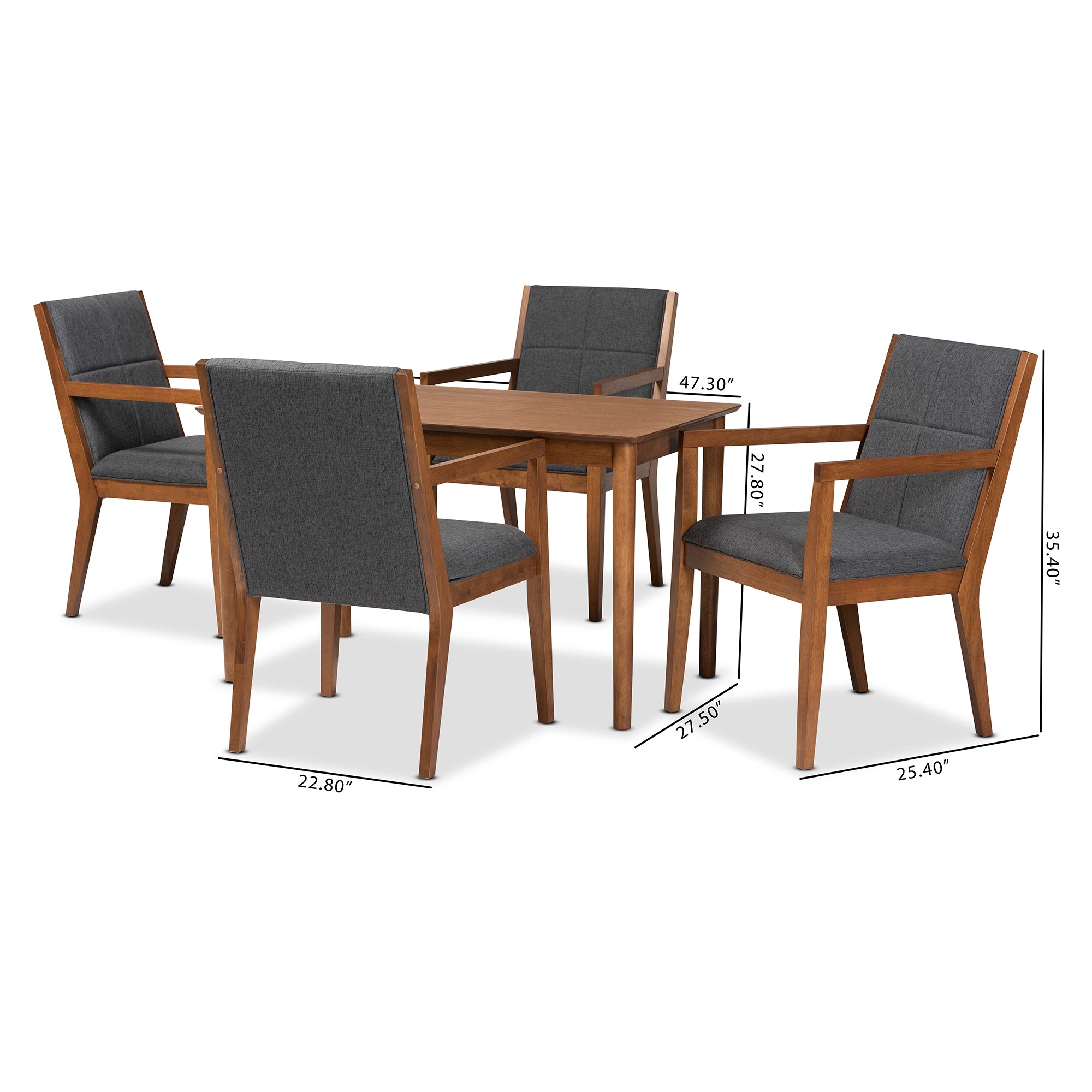 Baxton Studio Theresa Mid-Century Modern Dark Grey Fabric Upholstered and Walnut Brown Finished Wood 5-Piece Dining Set