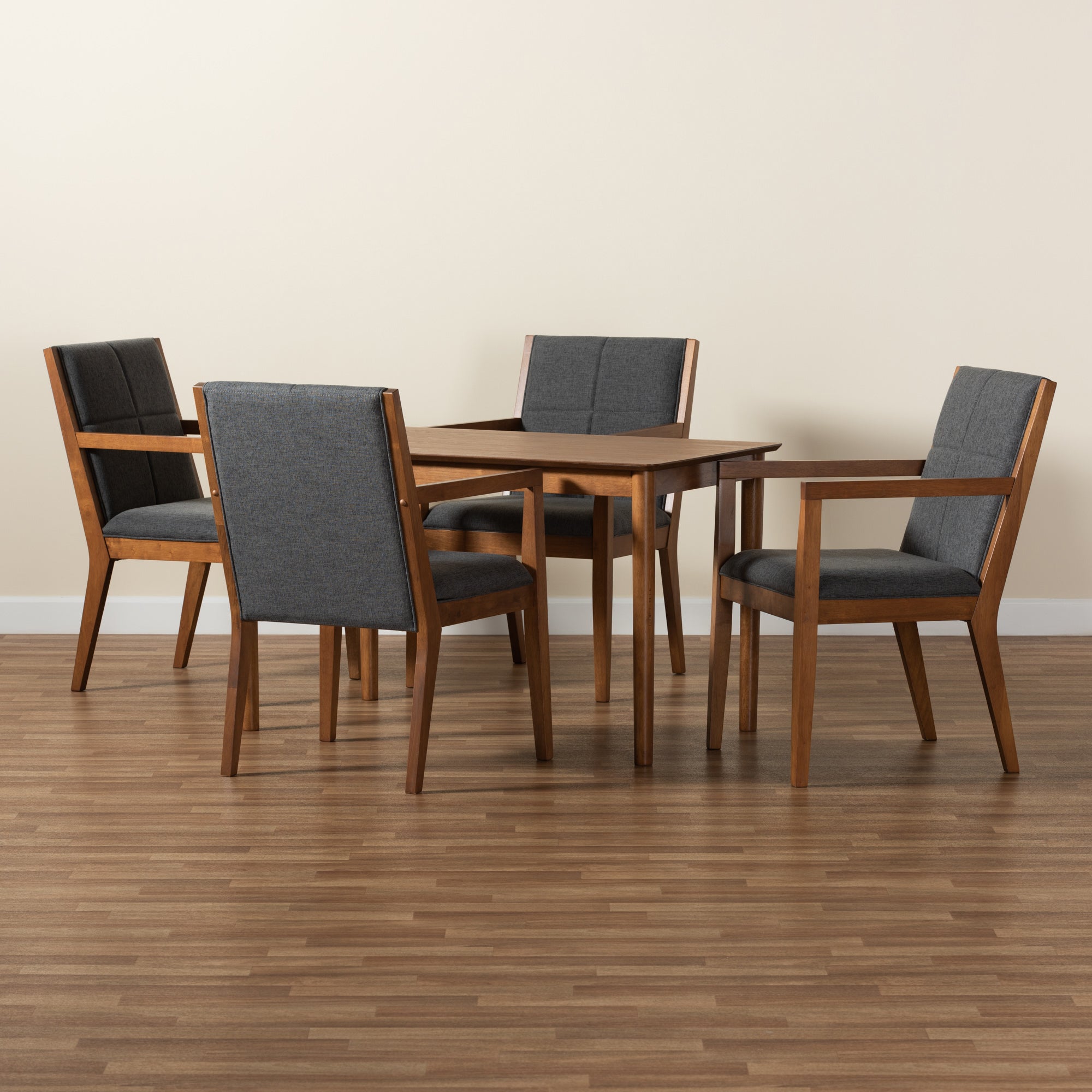 Baxton Studio Theresa Mid-Century Modern Dark Grey Fabric Upholstered and Walnut Brown Finished Wood 5-Piece Dining Set