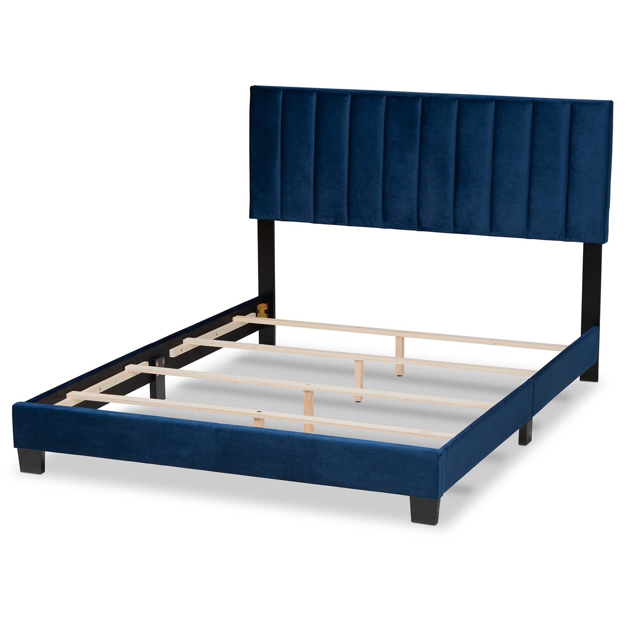Baxton Studio Clare Glam and Luxe Navy Blue Velvet Fabric Upholstered Queen Size Panel Bed with Channel Tufted Headboard