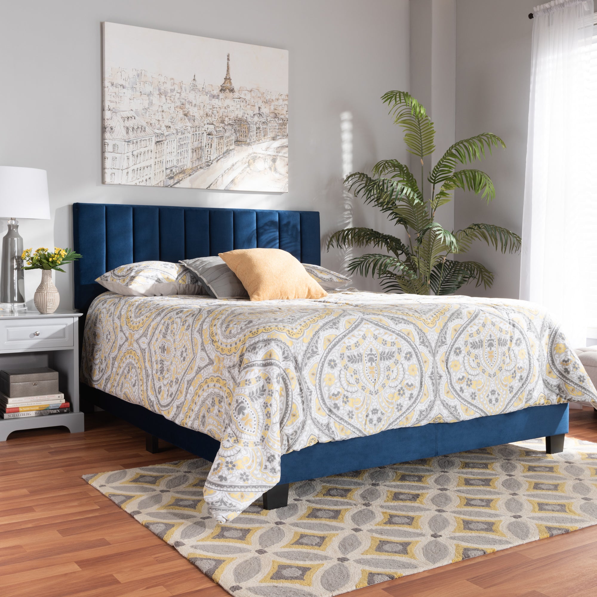 Baxton Studio Clare Glam and Luxe Navy Blue Velvet Fabric Upholstered Queen Size Panel Bed with Channel Tufted Headboard