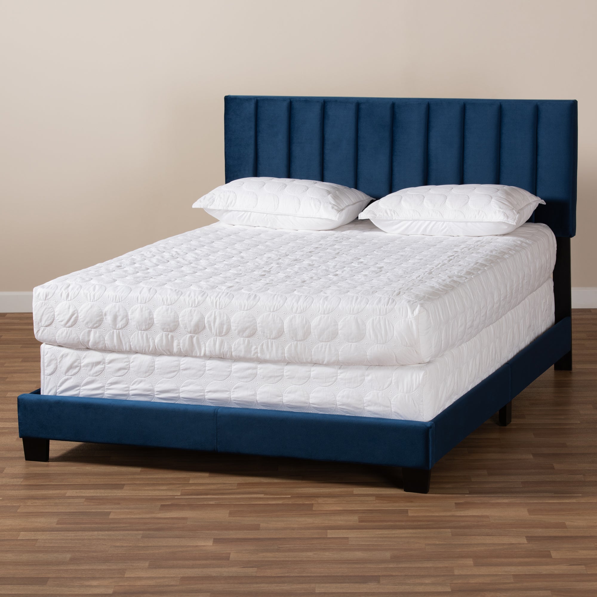 Baxton Studio Clare Glam and Luxe Navy Blue Velvet Fabric Upholstered Full Size Panel Bed with Channel Tufted Headboard