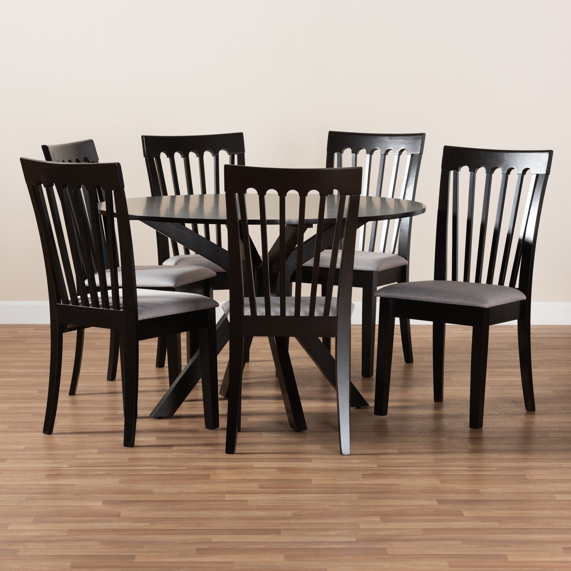 Baxton Studio Lore Modern and Contemporary Grey Fabric Upholstered and Dark Brown Finished Wood 7-Piece Dining Set
