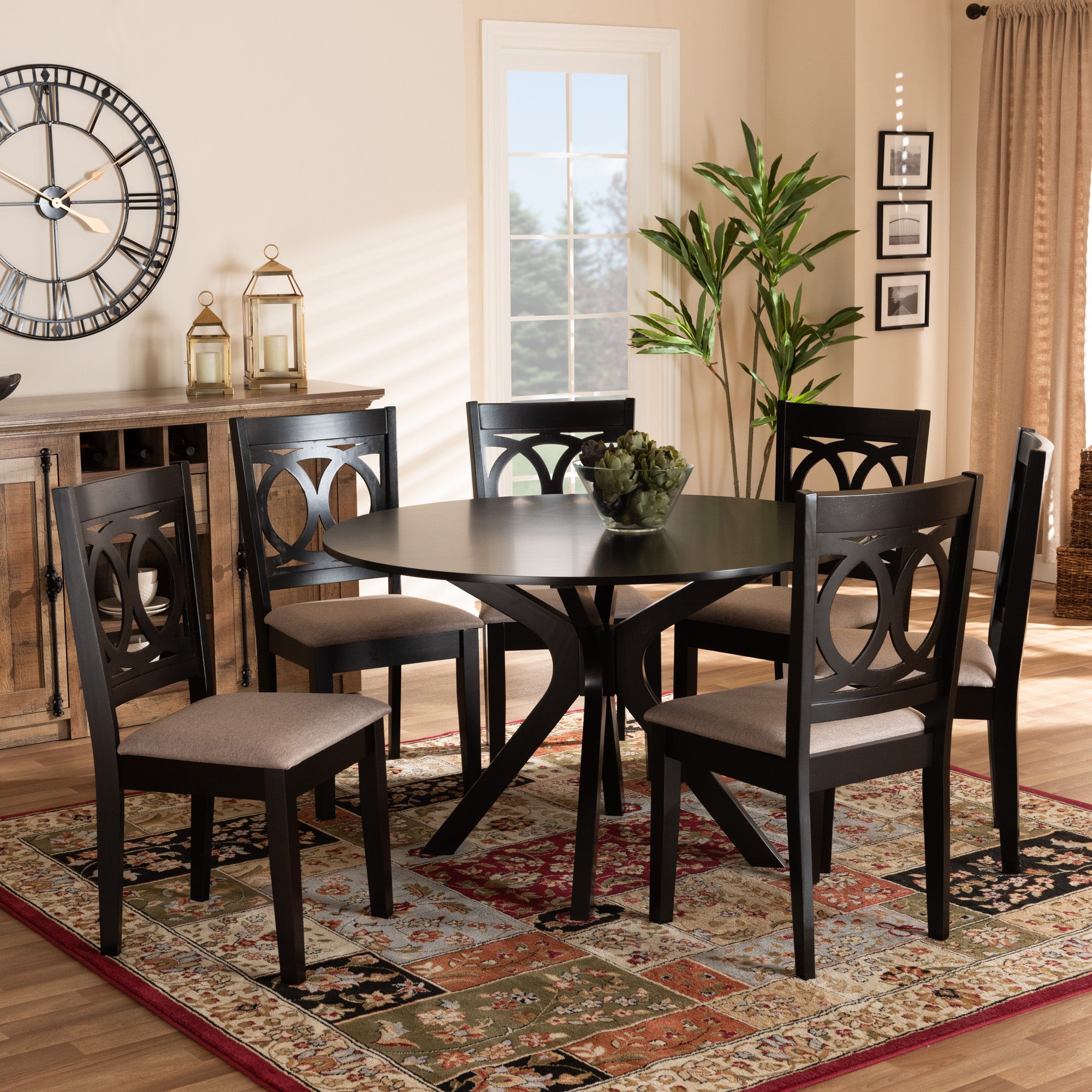 Baxton Studio Sanne Modern and Contemporary Sand Fabric Upholstered and Dark Brown Finished Wood 7-Piece Dining Set