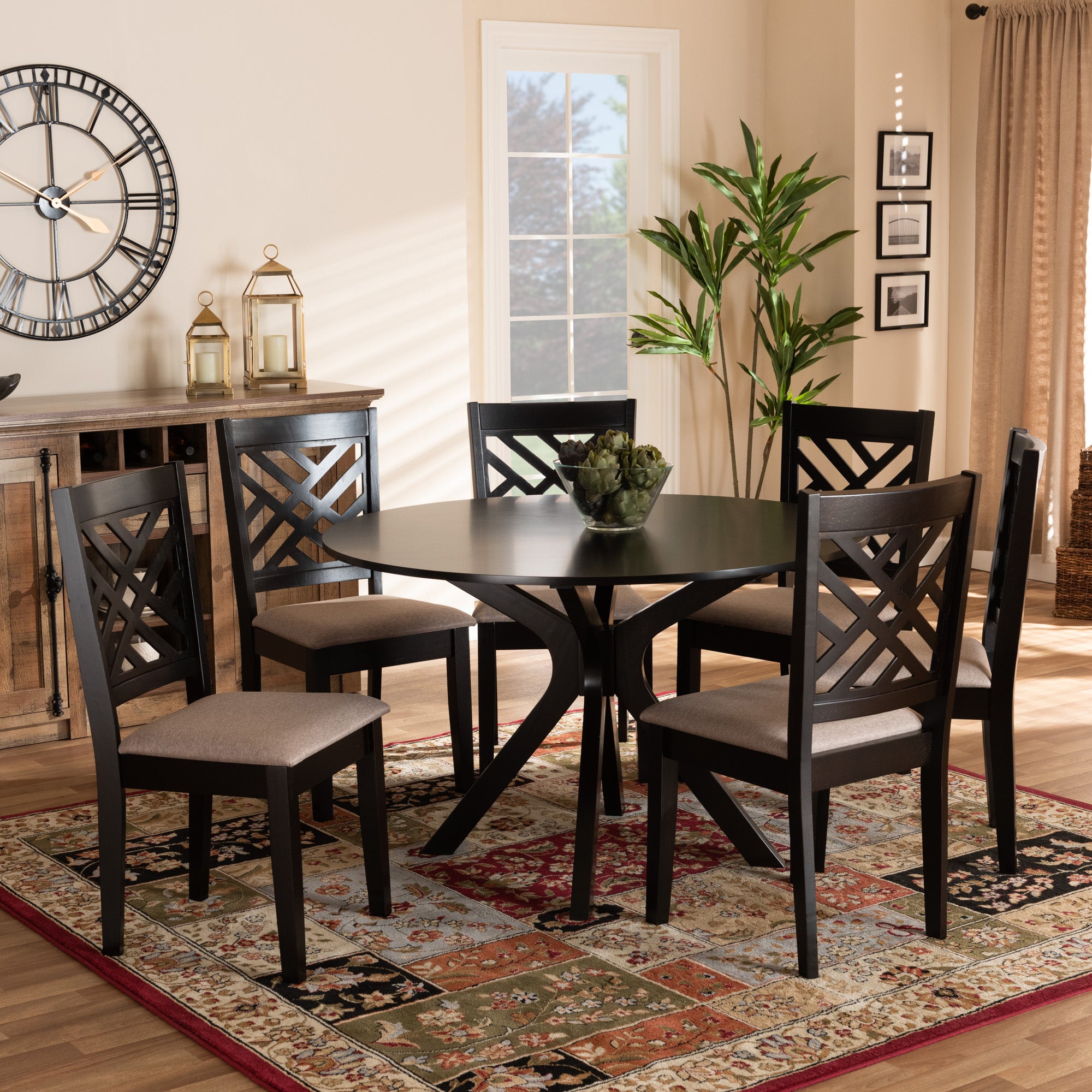 Baxton Studio Norah Modern and Contemporary Sand Fabric Upholstered and Dark Brown Finished Wood 7-Piece Dining Set