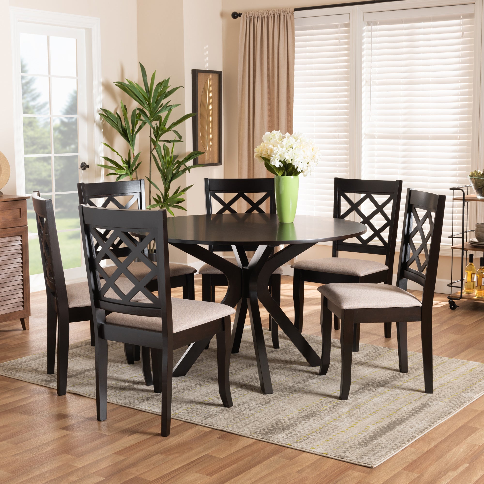 Baxton Studio Jana Modern and Contemporary Sand Fabric Upholstered and Dark Brown Finished Wood 7-Piece Dining Set