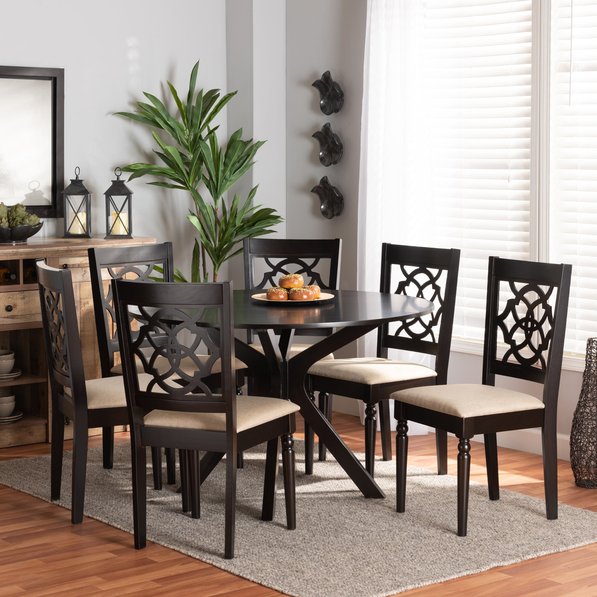 Baxton Studio Sadie Modern and Contemporary Sand Fabric Upholstered and Dark Brown Finished Wood 7-Piece Dining Set
