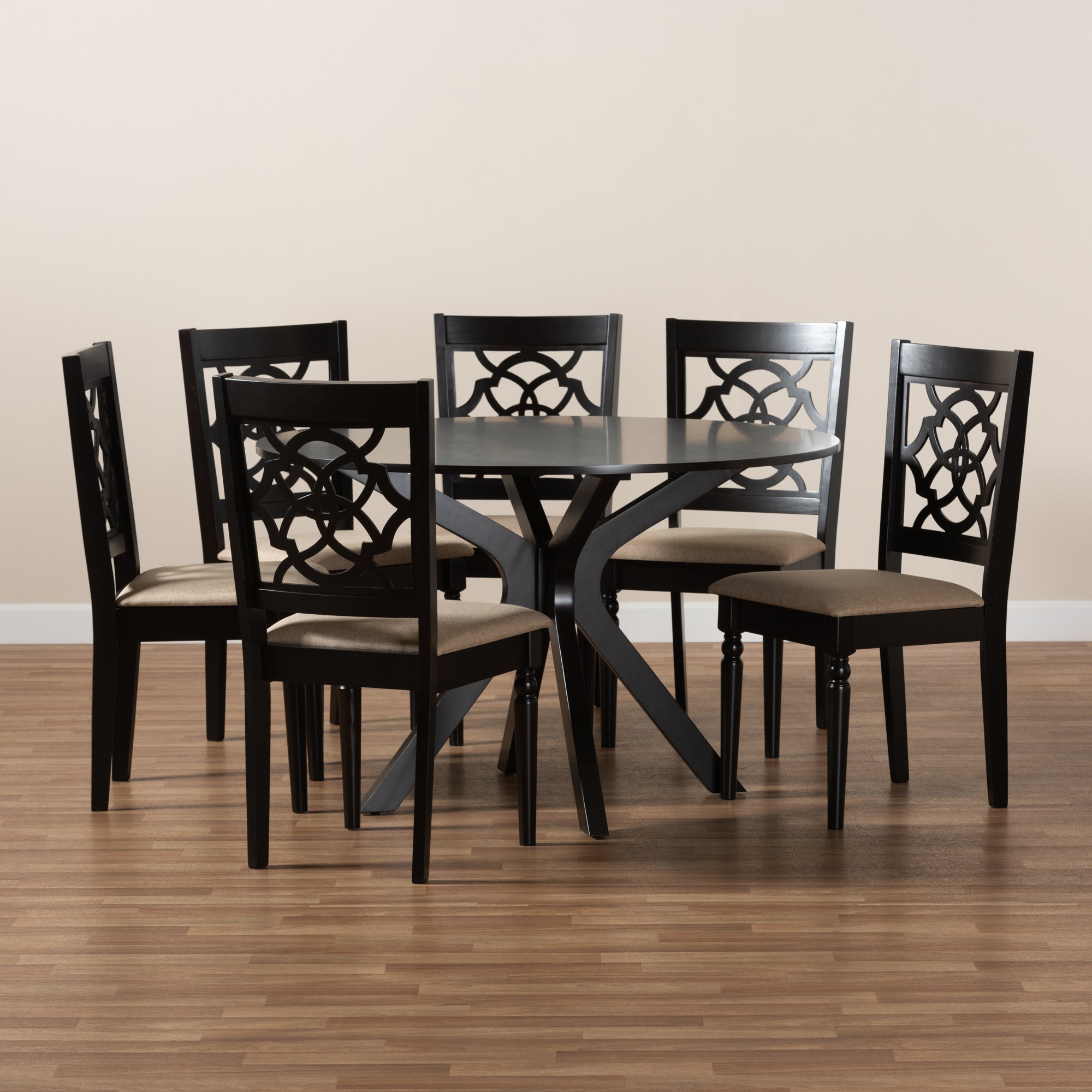 Baxton Studio Sadie Modern and Contemporary Sand Fabric Upholstered and Dark Brown Finished Wood 7-Piece Dining Set