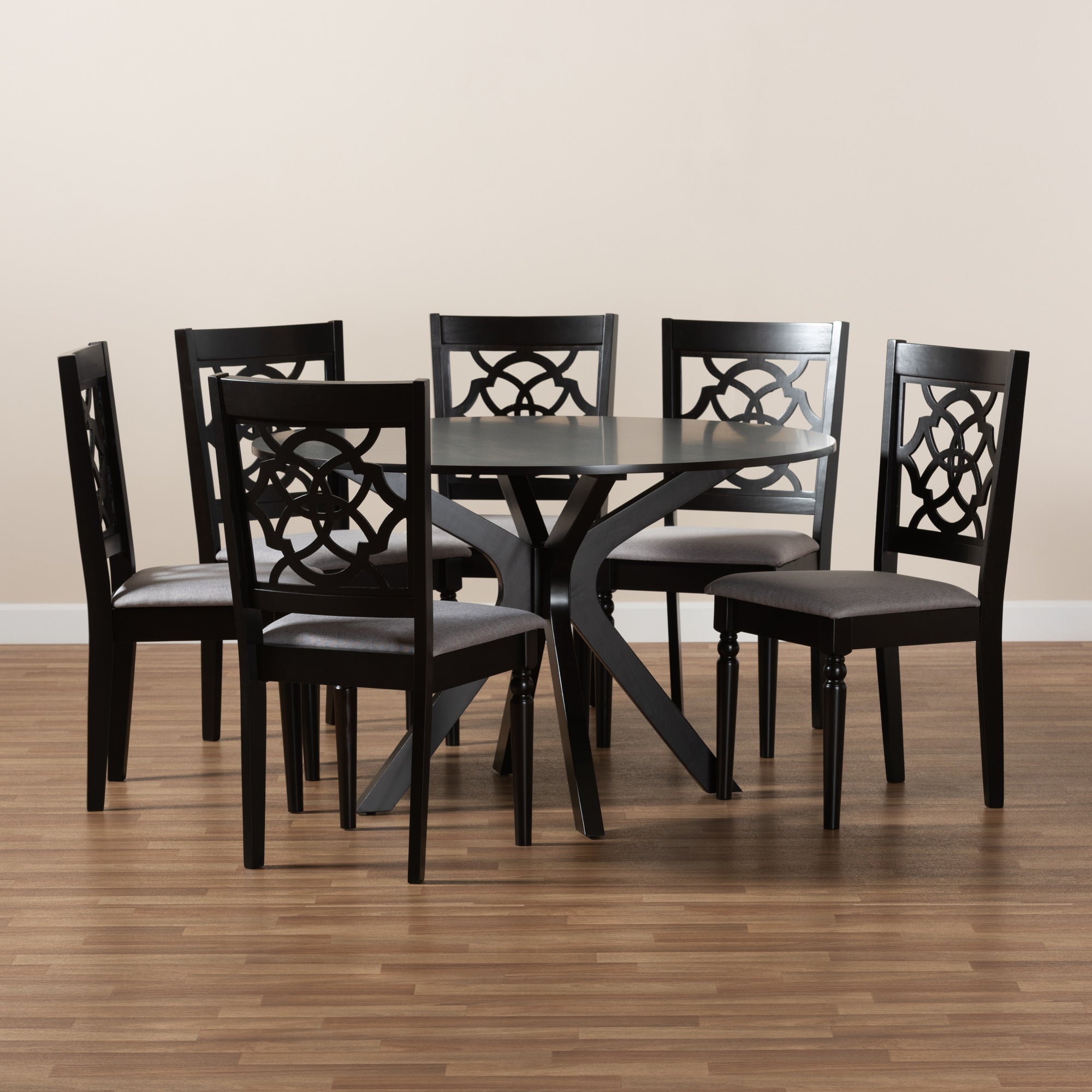 Baxton Studio Sadie Modern and Contemporary Grey Fabric Upholstered and Dark Brown Finished Wood 7-Piece Dining Set