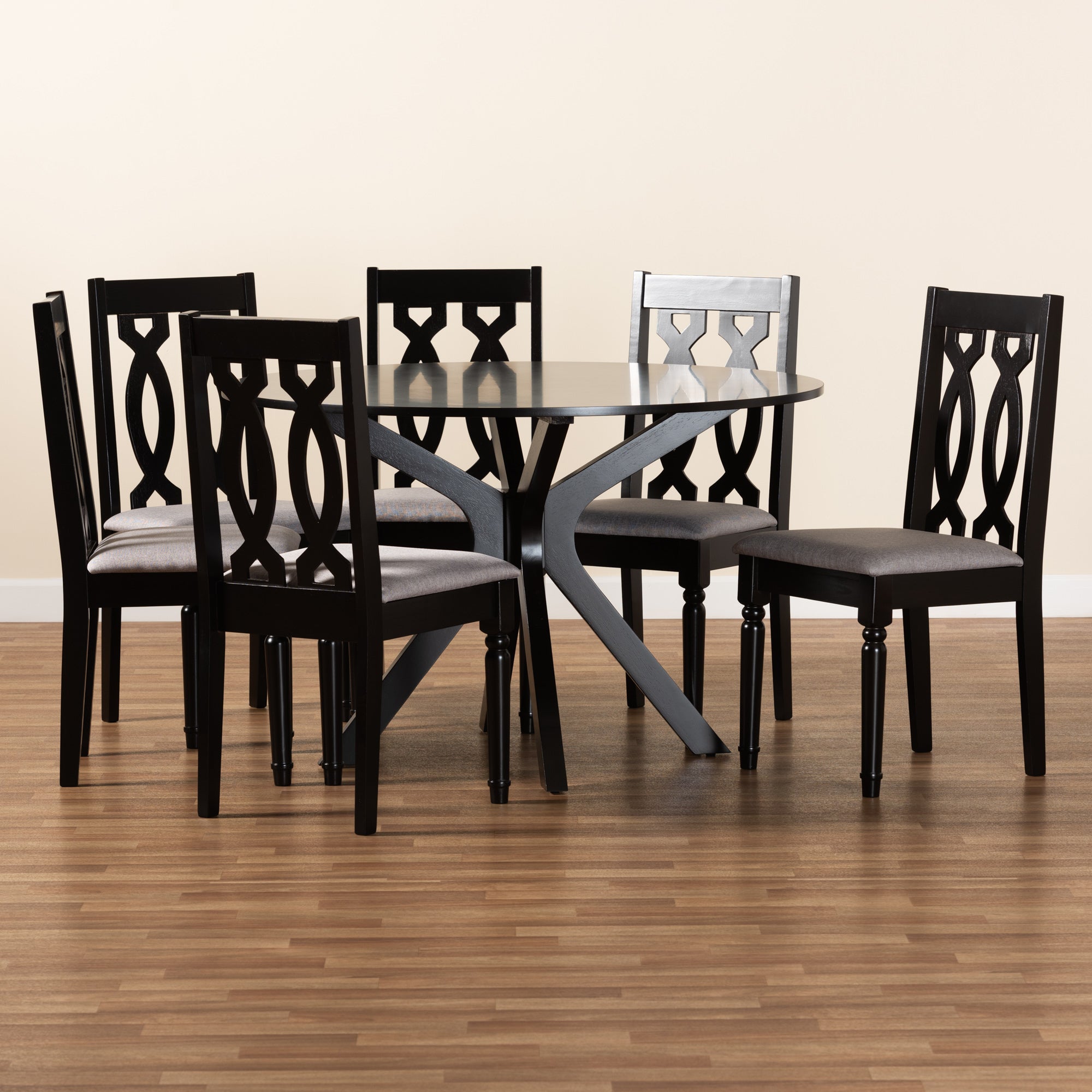 Baxton Studio Callie Modern and Contemporary Grey Fabric Upholstered and Dark Brown Finished Wood 7-Piece Dining Set