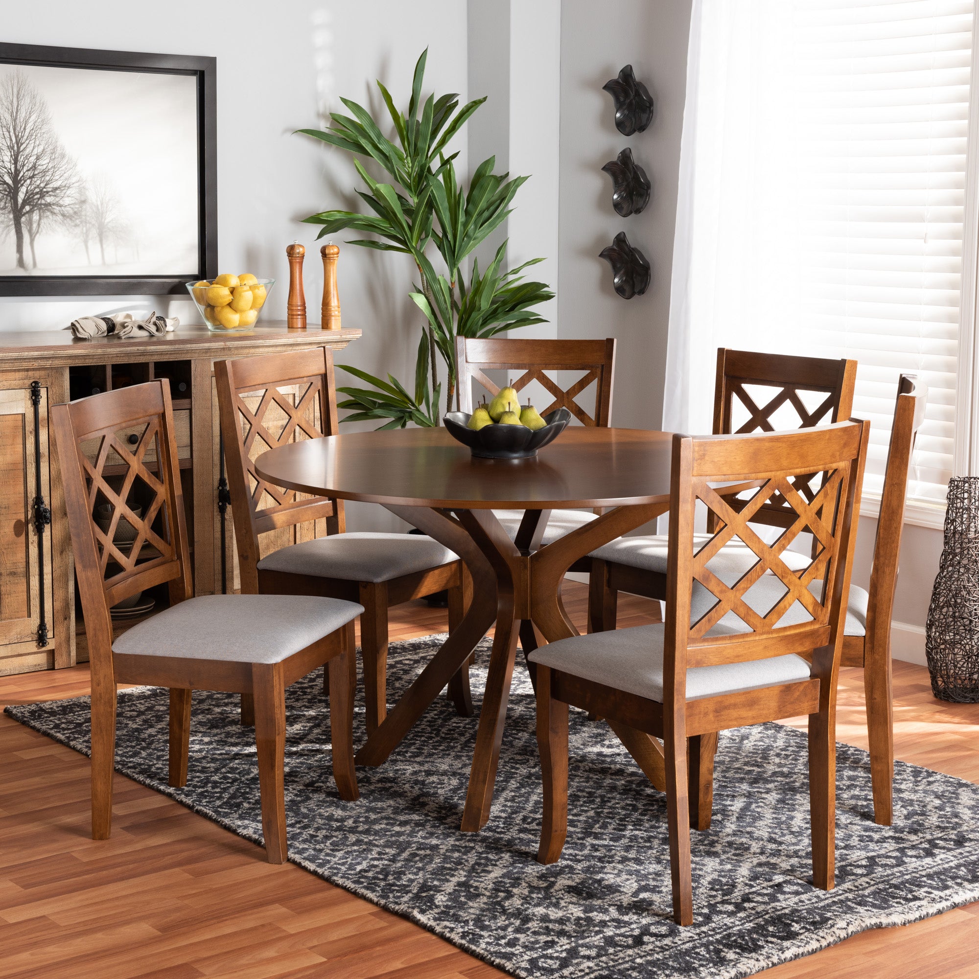 Baxton Studio Jana Modern and Contemporary Grey Fabric Upholstered and Walnut Brown Finished Wood 7-Piece Dining Set