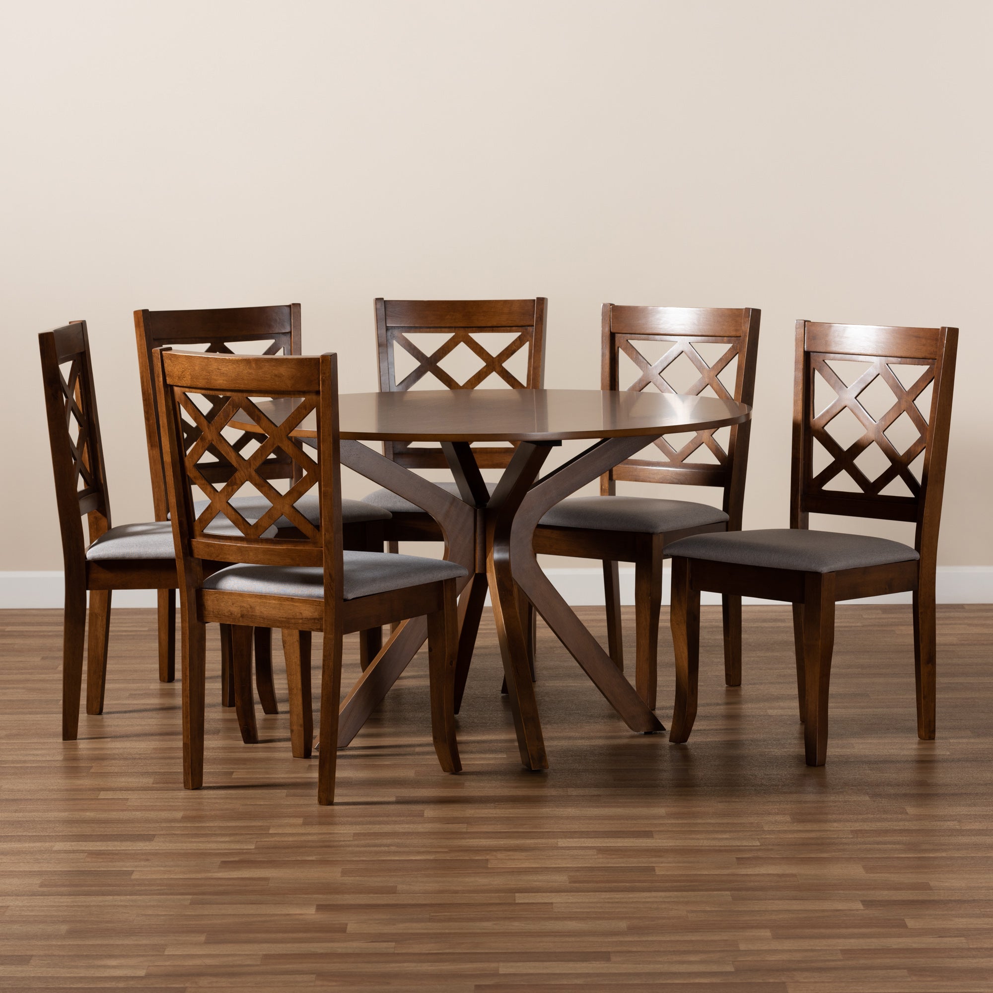 Baxton Studio Jana Modern and Contemporary Grey Fabric Upholstered and Walnut Brown Finished Wood 7-Piece Dining Set