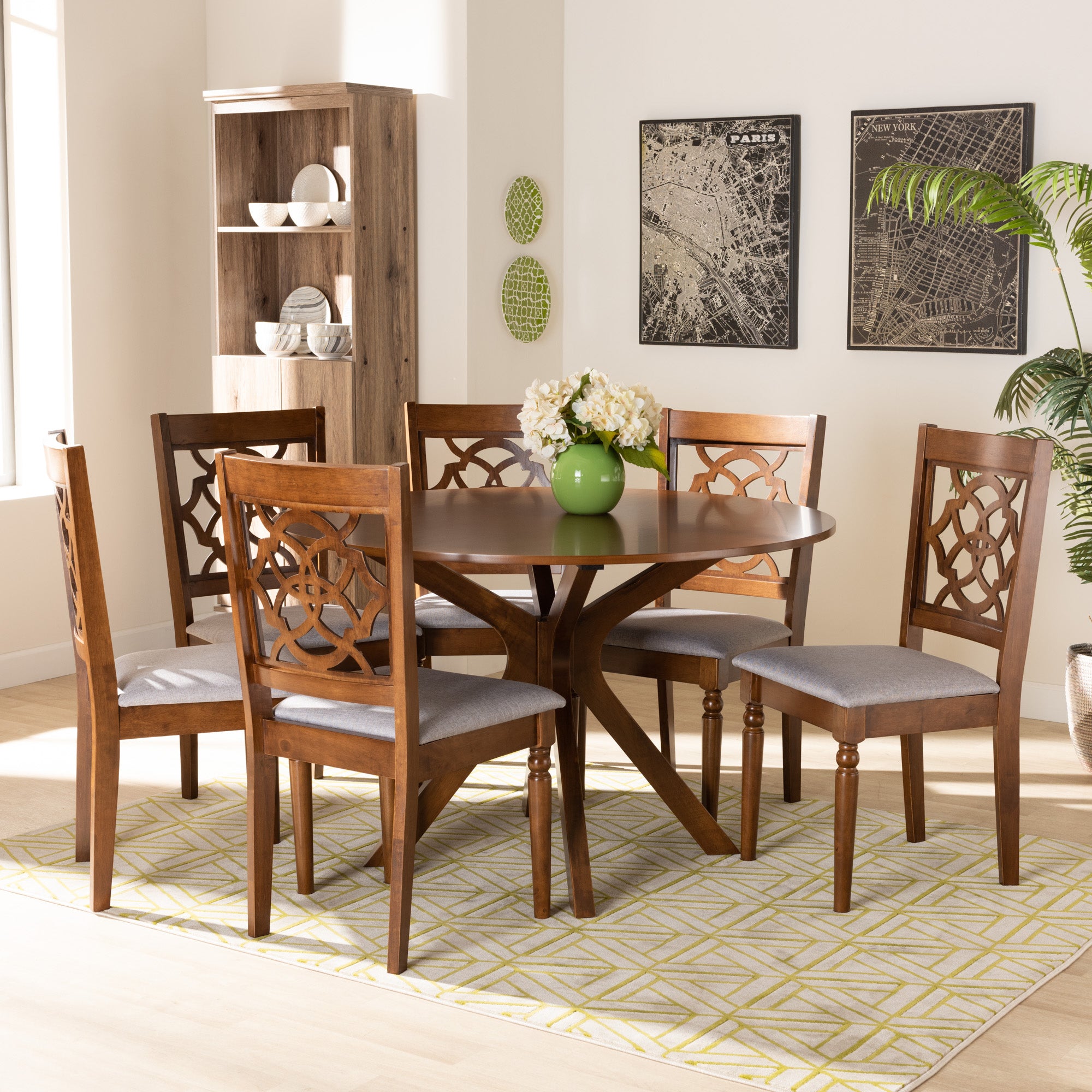 Baxton Studio Sadie Modern and Contemporary Grey Fabric Upholstered and Walnut Brown Finished Wood 7-Piece Dining Set