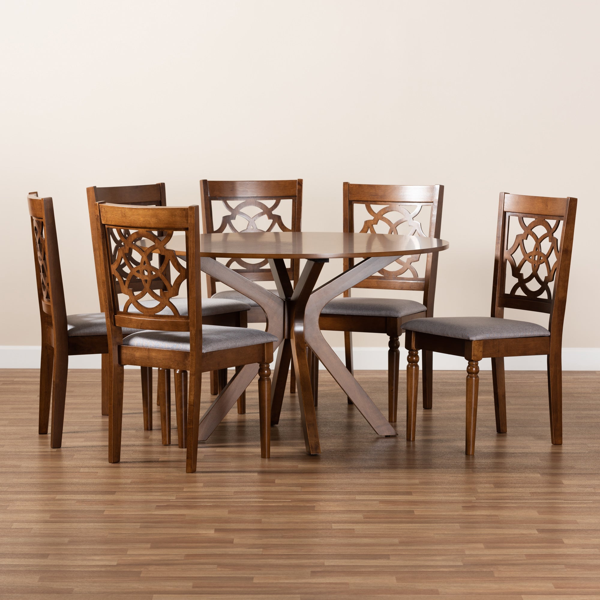 Baxton Studio Sadie Modern and Contemporary Grey Fabric Upholstered and Walnut Brown Finished Wood 7-Piece Dining Set