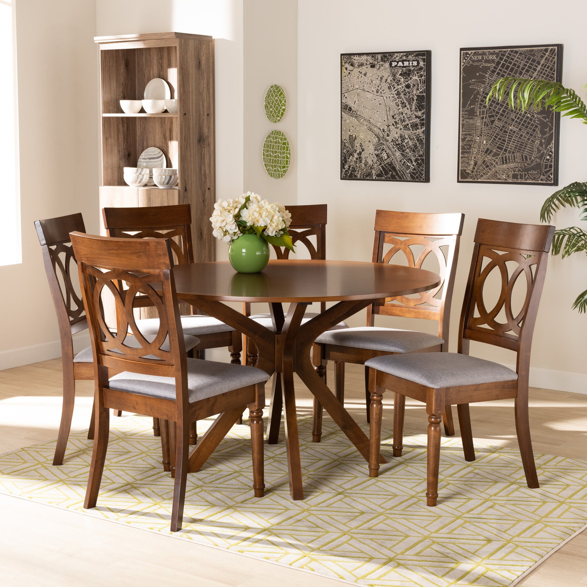 Baxton Studio Jessie Modern and Contemporary Grey Fabric Upholstered and Walnut Brown Finished Wood 7-Piece Dining Set