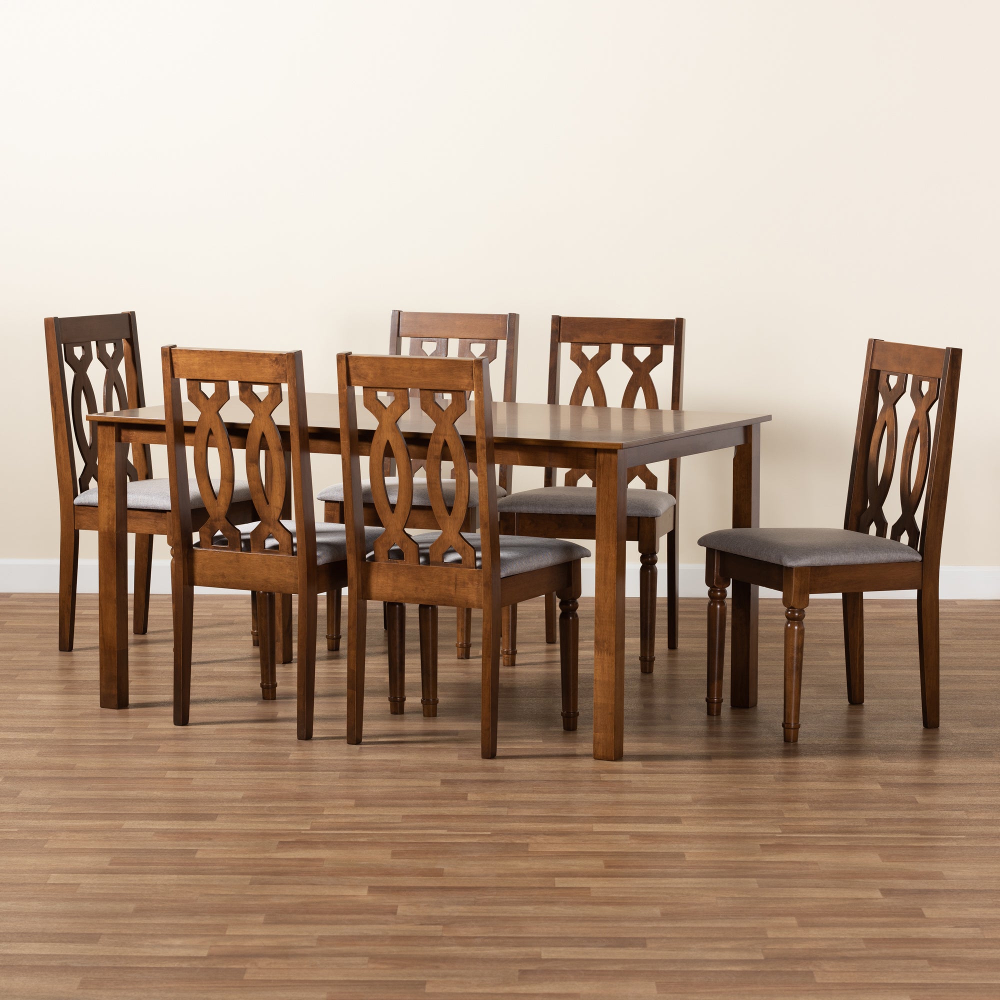 Baxton Studio Cherese Modern and Contemporary Grey Fabric Upholstered and Walnut Brown Finished Wood 7-Piece Dining Set