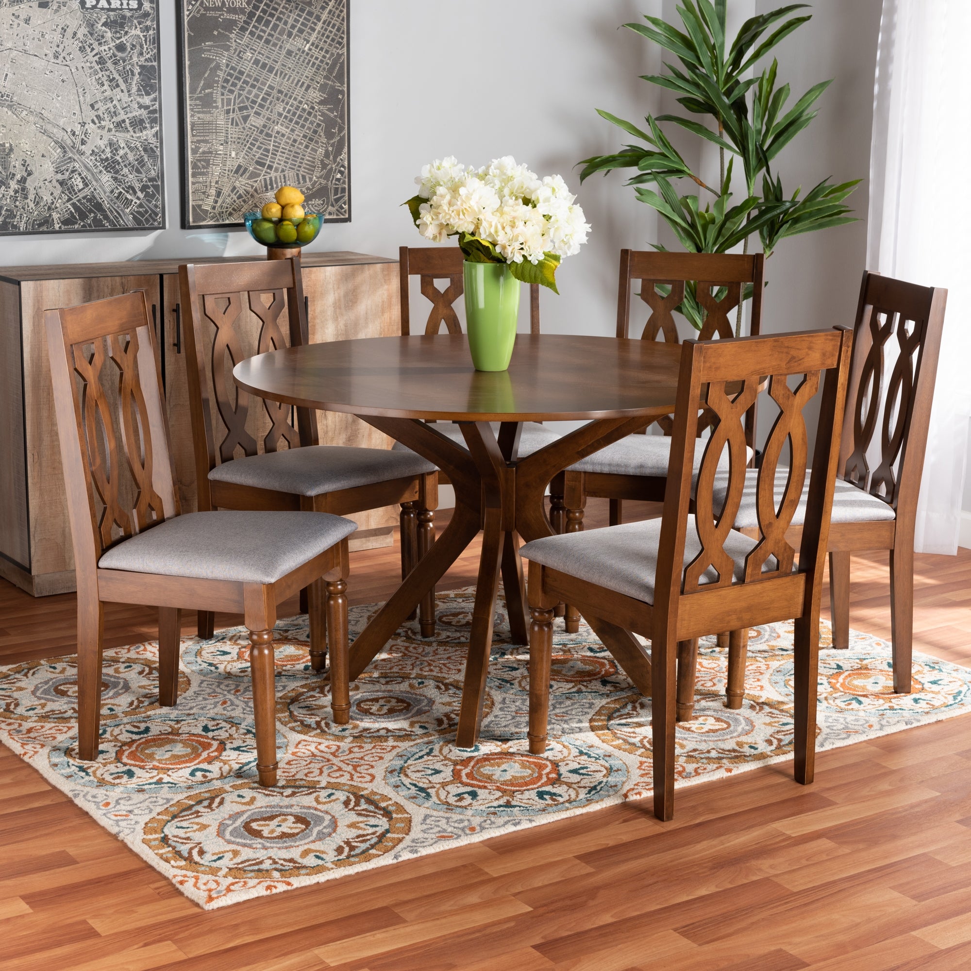 Baxton Studio Callie Modern and Contemporary Grey Fabric Upholstered and Walnut Brown Finished Wood 7-Piece Dining Set