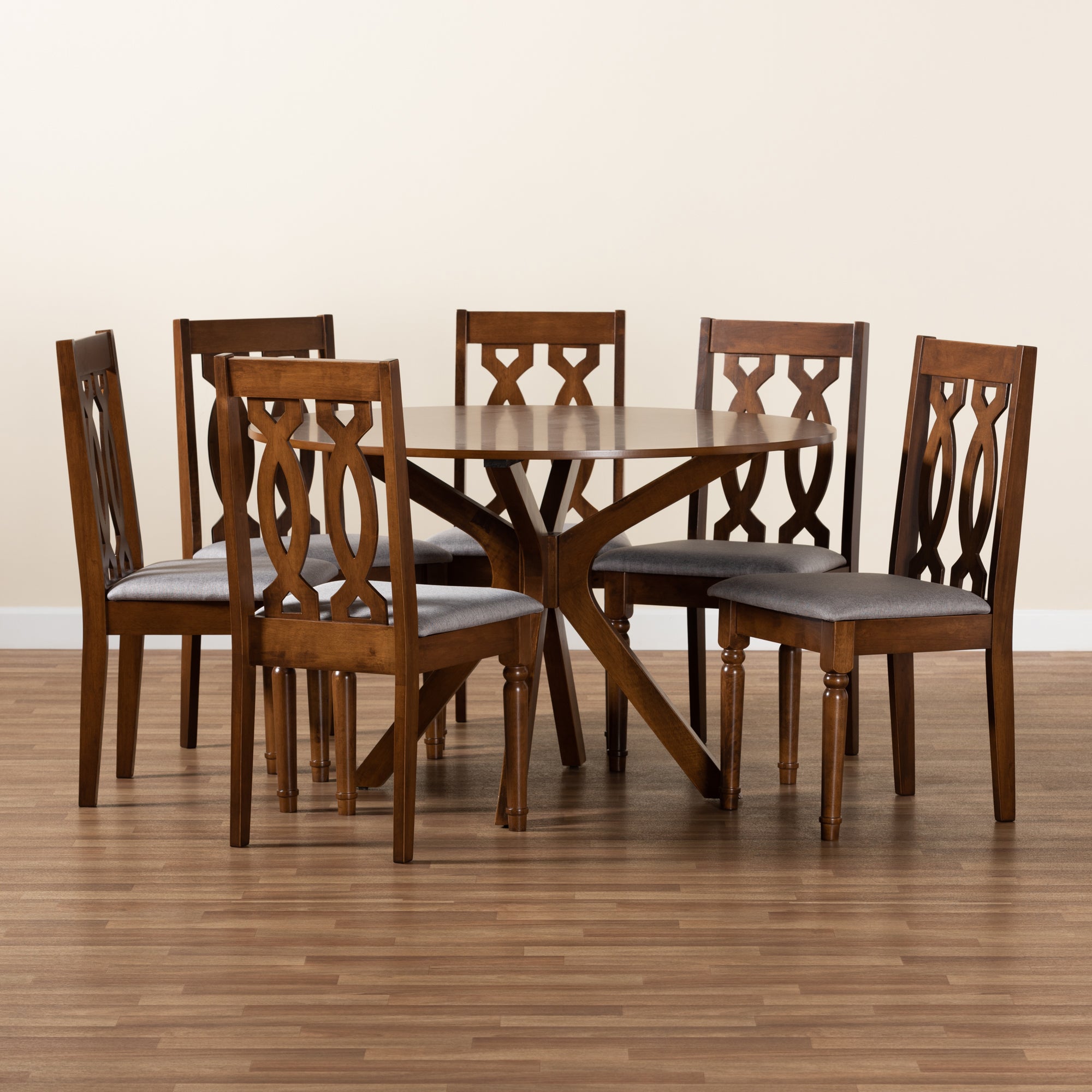 Baxton Studio Callie Modern and Contemporary Grey Fabric Upholstered and Walnut Brown Finished Wood 7-Piece Dining Set