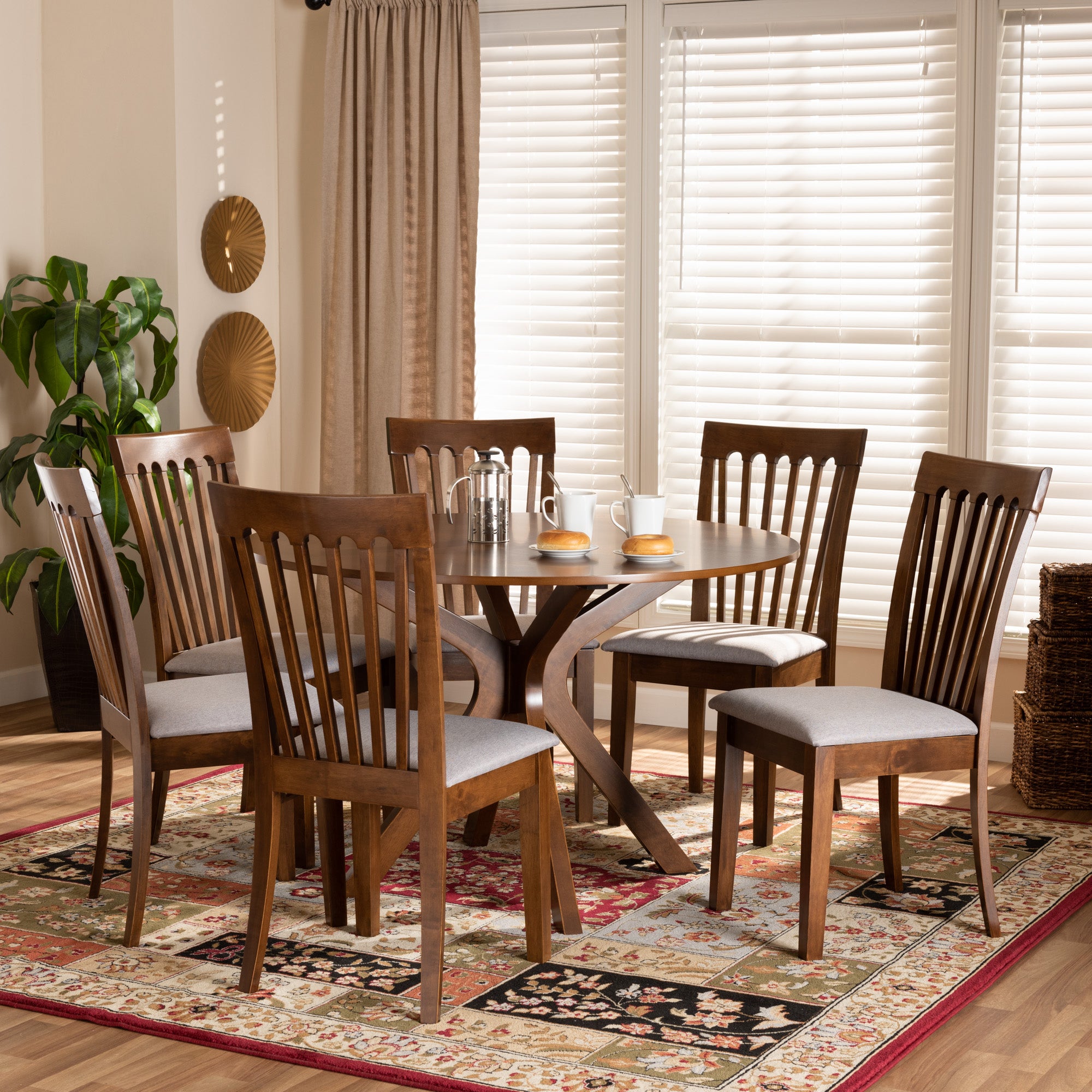 Baxton Studio Lore Modern and Contemporary Grey Fabric Upholstered and Walnut Brown Finished Wood 7-Piece Dining Set