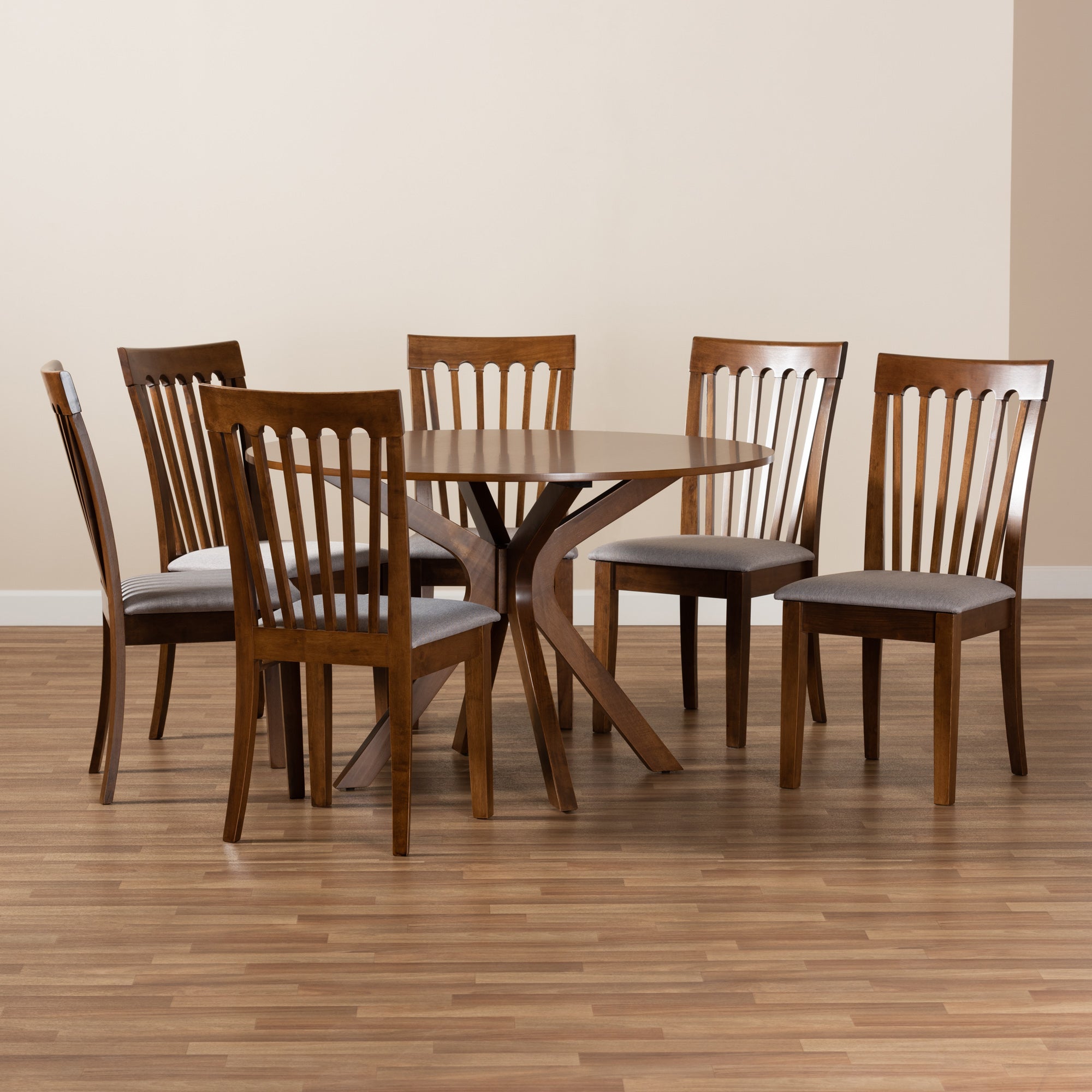 Baxton Studio Lore Modern and Contemporary Grey Fabric Upholstered and Walnut Brown Finished Wood 7-Piece Dining Set