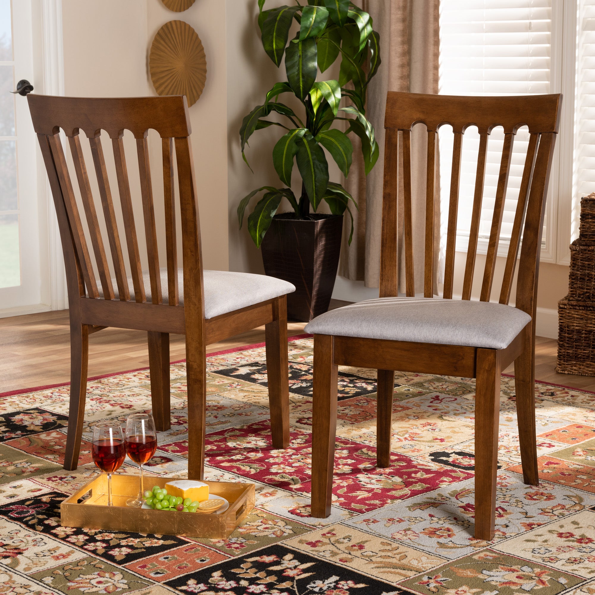 Baxton Studio Minette Modern and Contemporary Grey Fabric Upholstered Walnut Brown Finished Wood 2-Piece Dining Chair Set