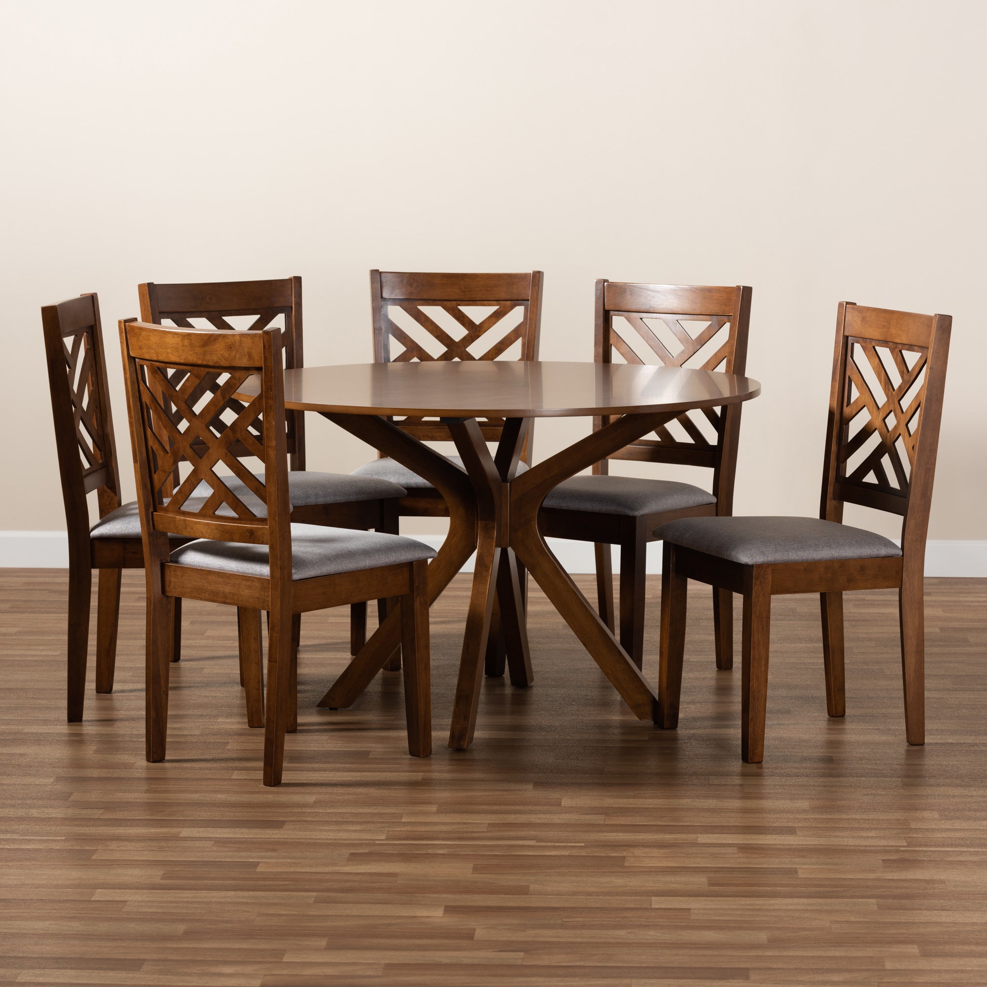 Baxton Studio Norah Modern and Contemporary Grey Fabric Upholstered and Walnut Brown Finished Wood 7-Piece Dining Set