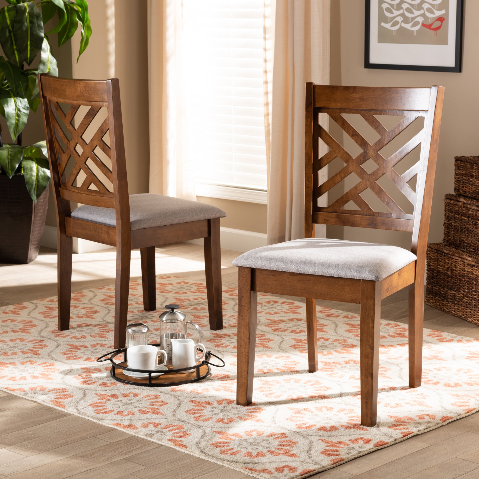 Baxton Studio Caron Modern and Contemporary Grey Fabric Upholstered and Walnut Brown Finished Wood 2-Piece Dining Chair Set