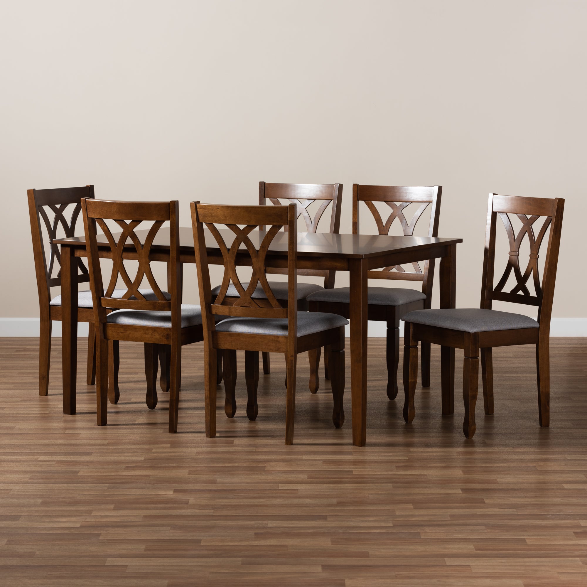 Baxton Studio Augustine Modern and Contemporary Grey Fabric Upholstered and Walnut Brown Finished Wood 7-Piece Dining Set