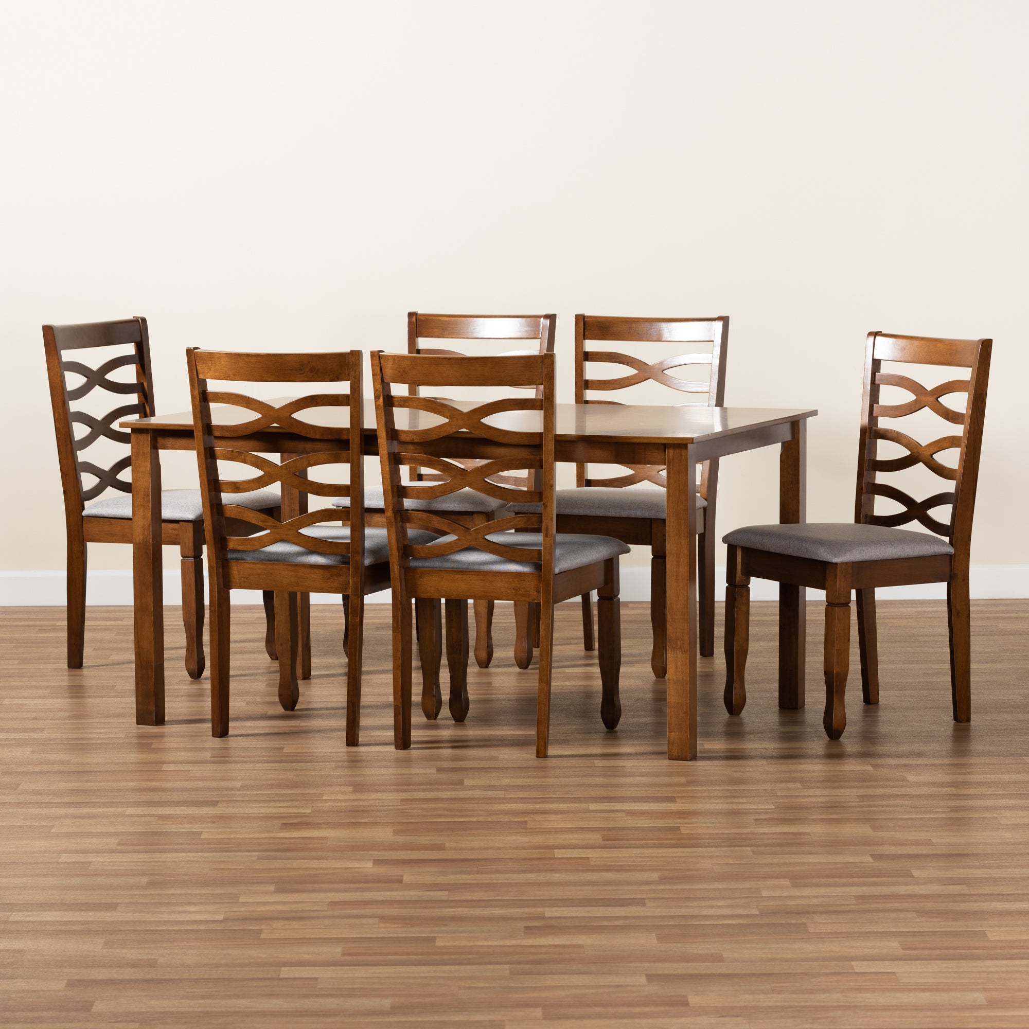 Baxton Studio Lanier Modern and Contemporary Grey Fabric Upholstered and Walnut Brown Finished Wood 7-Piece Dining Set