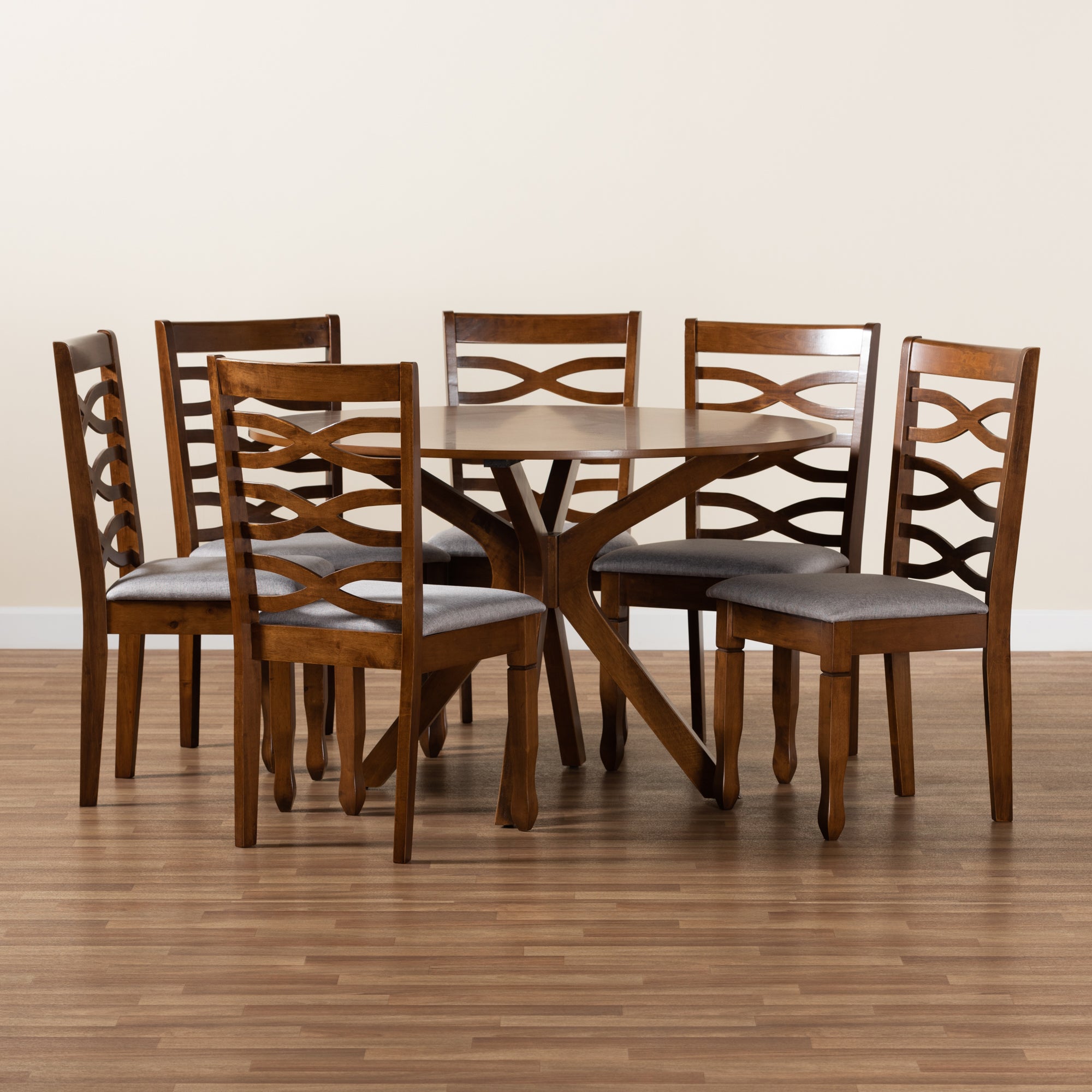 Baxton Studio Mila Modern and Contemporary Grey Fabric Upholstered and Walnut Brown Finished Wood 7-Piece Dining Set