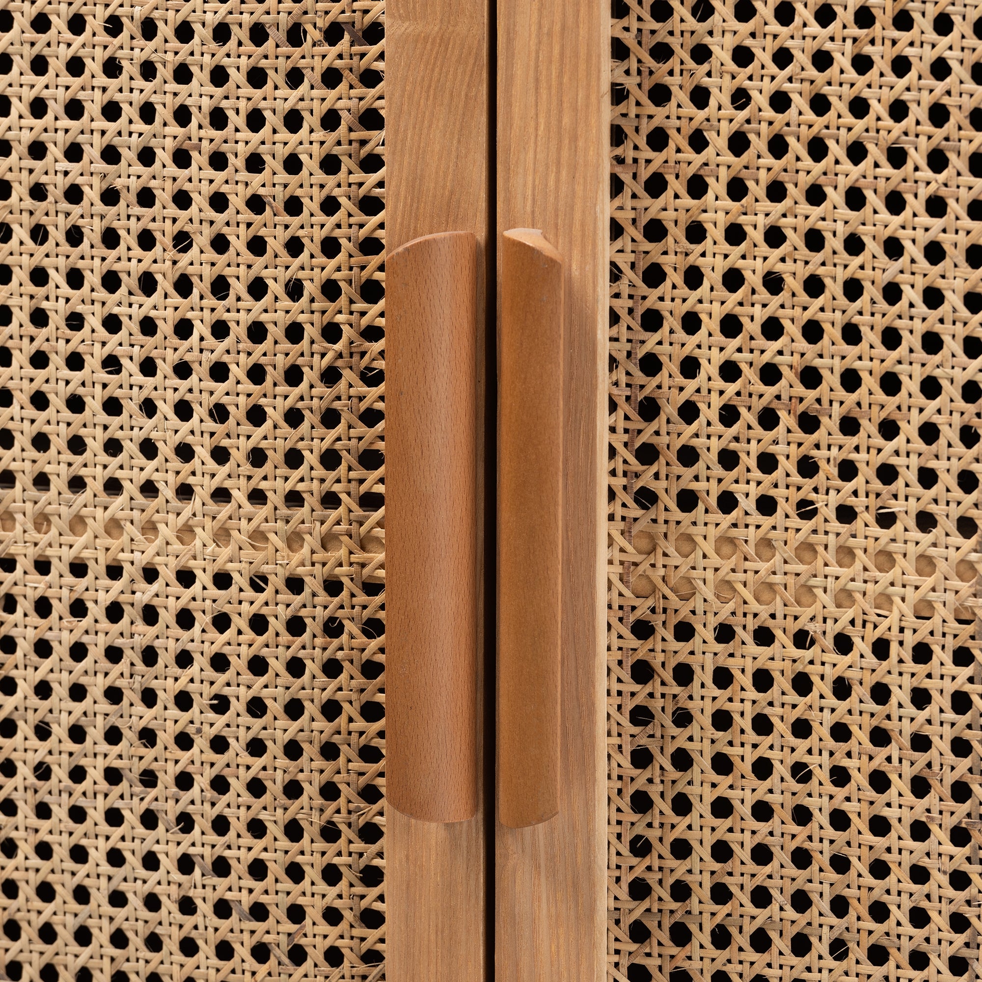 Baxton Studio Alina Mid-Century Modern Medium Oak Finished Wood and Rattan 2-Door Accent Storage Cabinet