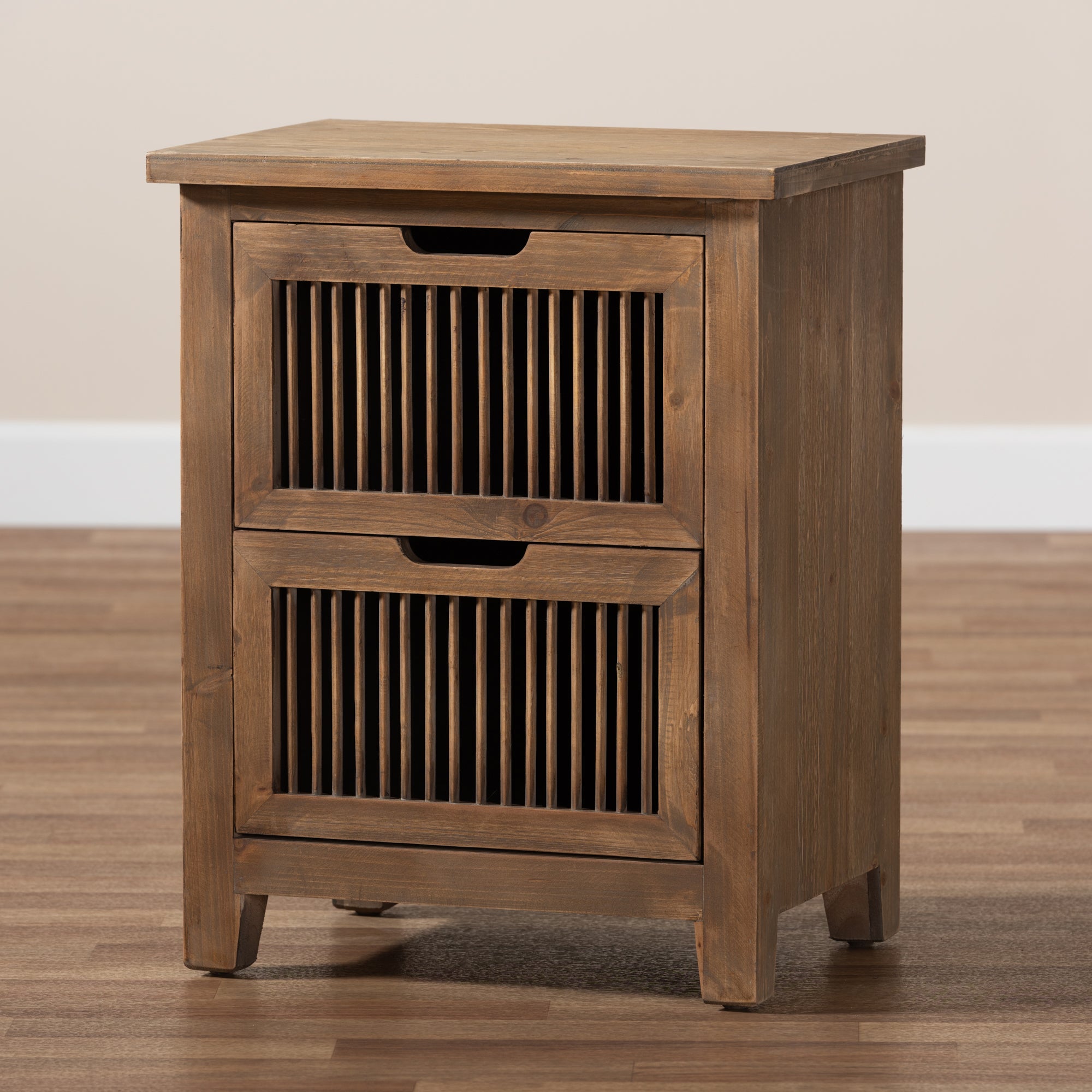 Baxton Studio Clement Rustic Transitional Medium Oak Finished 2-Drawer Wood Spindle End Table