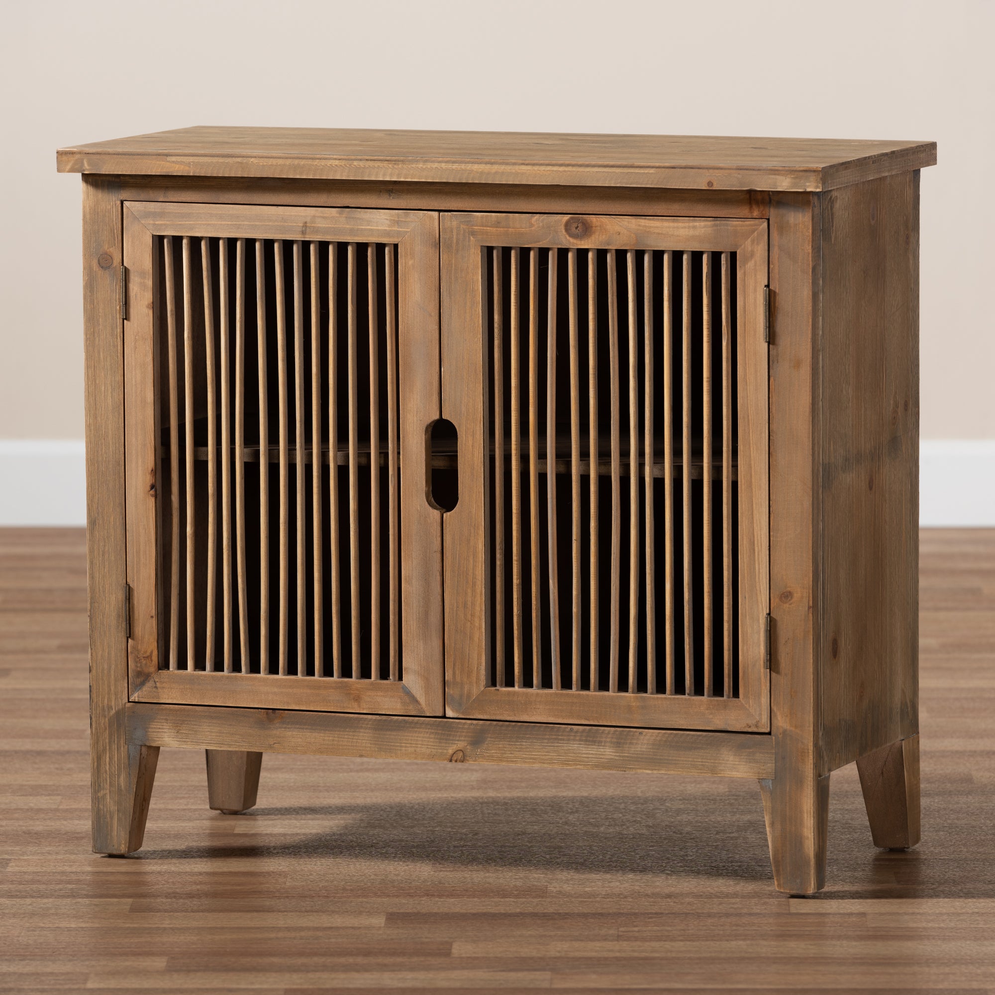 Baxton Studio Clement Rustic Transitional Medium Oak Finished 2-Door Wood Spindle Accent Storage Cabinet