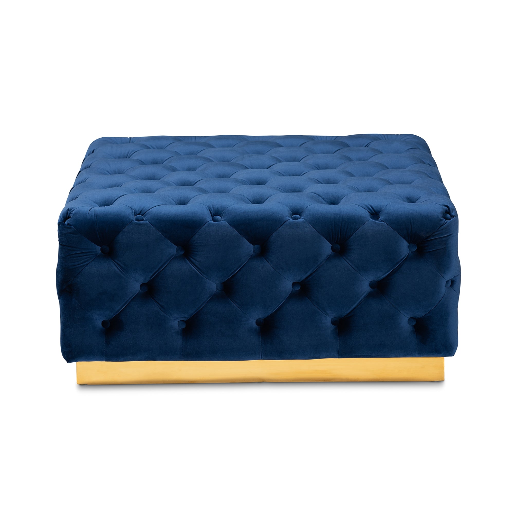 Baxton Studio Verene Glam and Luxe Royal Blue Velvet Fabric Upholstered Gold Finished Square Cocktail Ottoman
