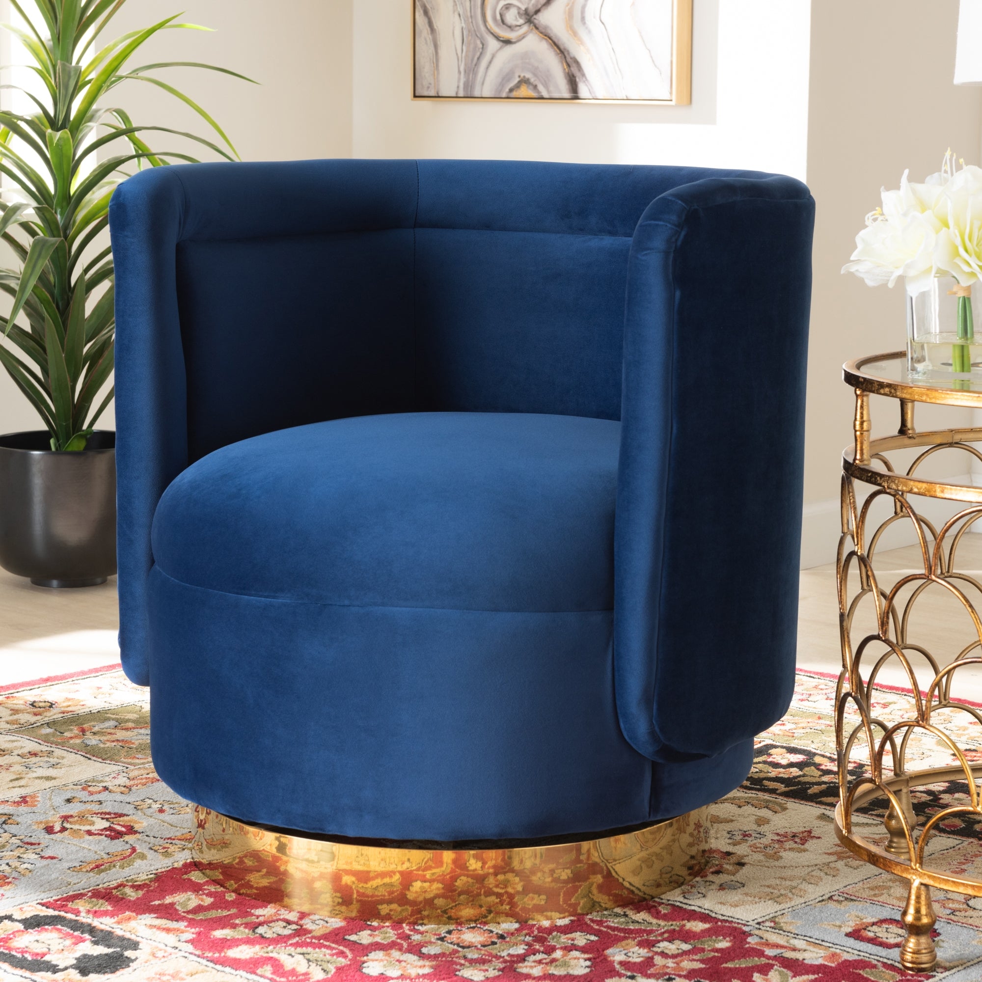 Baxton Studio Saffi Glam and Luxe Royal Blue Velvet Fabric Upholstered Gold Finished Swivel Accent Chair