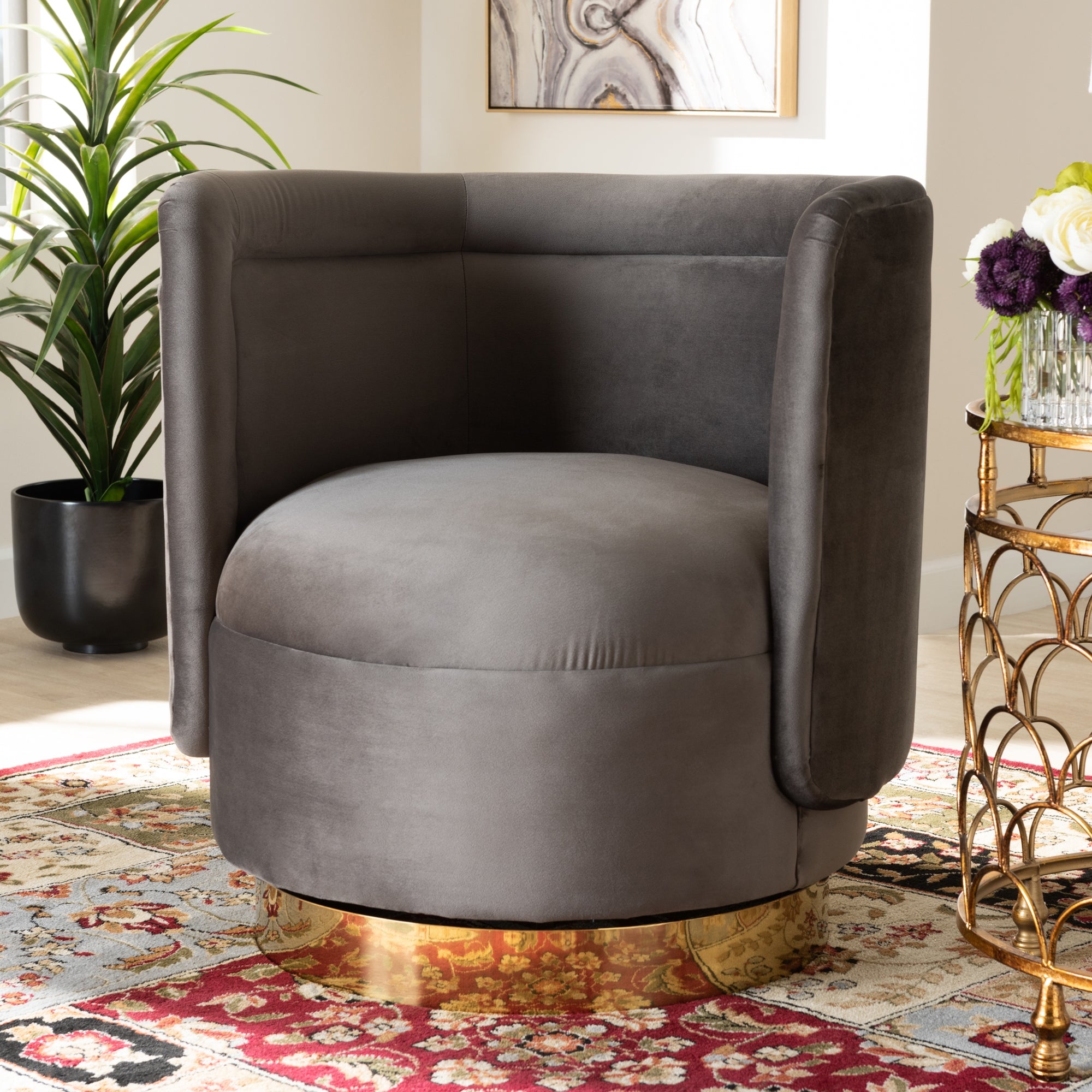 Baxton Studio Saffi Glam and Luxe Grey Velvet Fabric Upholstered Gold Finished Swivel Accent Chair