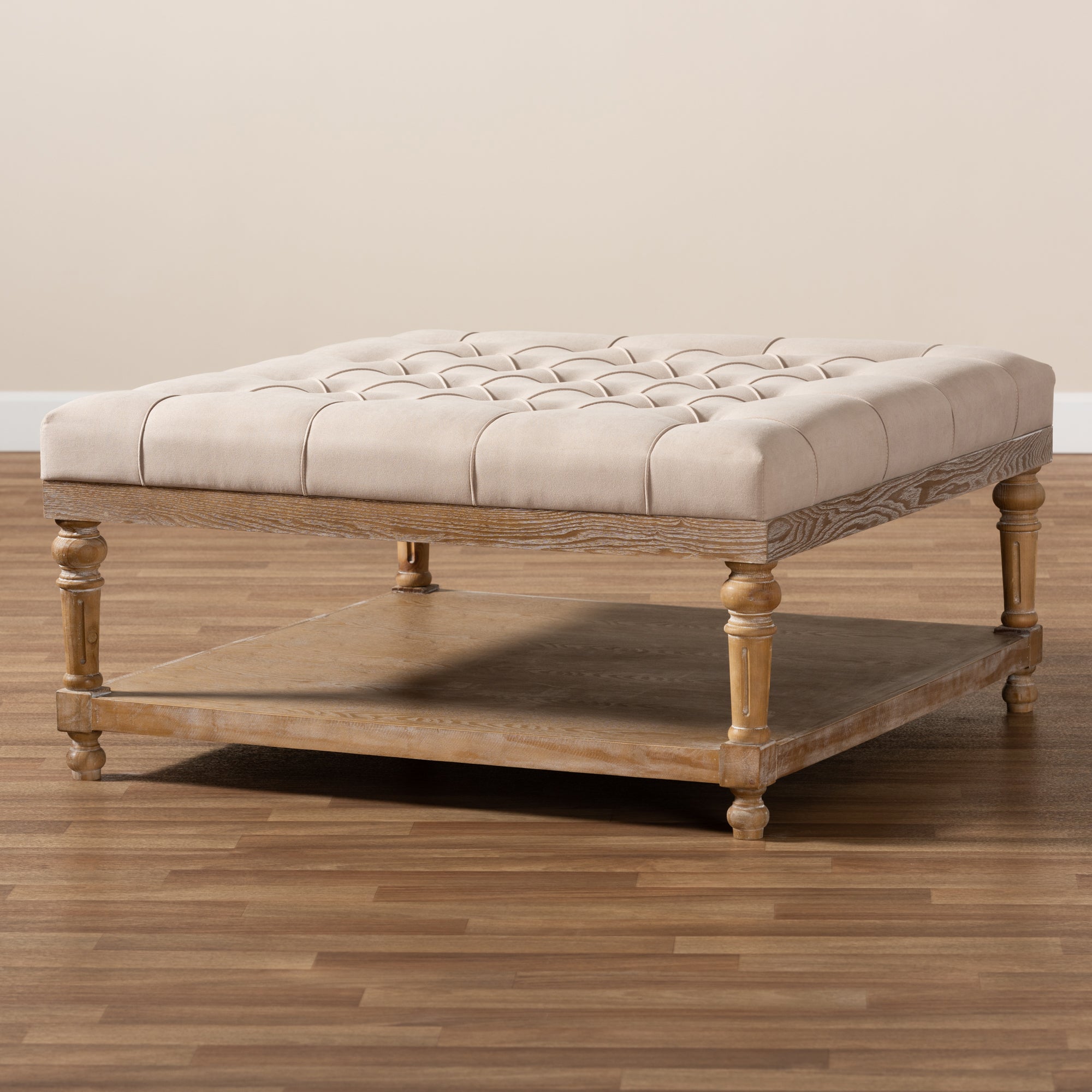 Baxton Studio Kelly Modern and Rustic Beige Linen Fabric Upholstered and Greywashed Wood Cocktail Ottoman