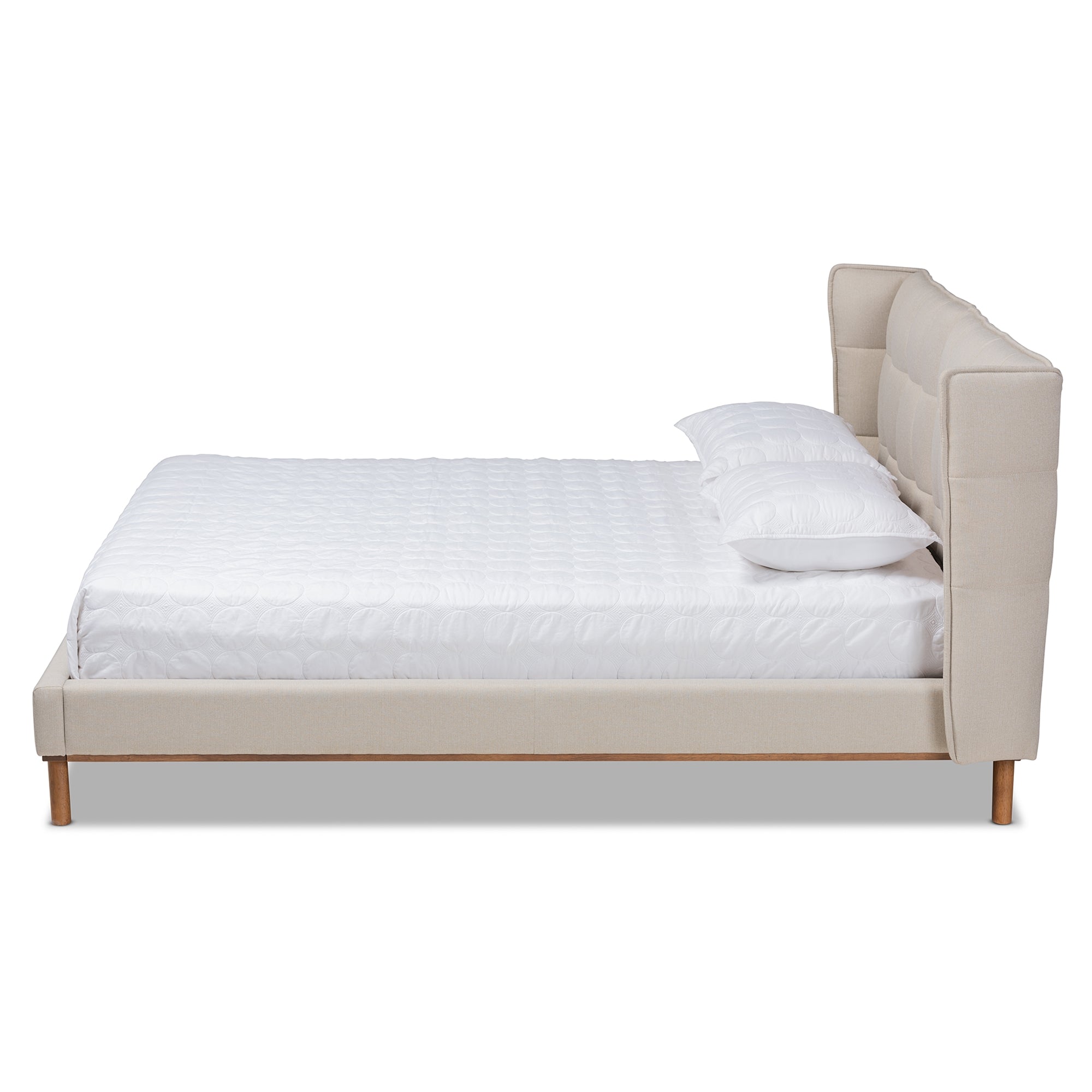 Baxton Studio Gretchen Modern and Contemporary Light Beige Fabric Upholstered and Walnut Brown Finished Wood Queen Size Platform Wingback Bed