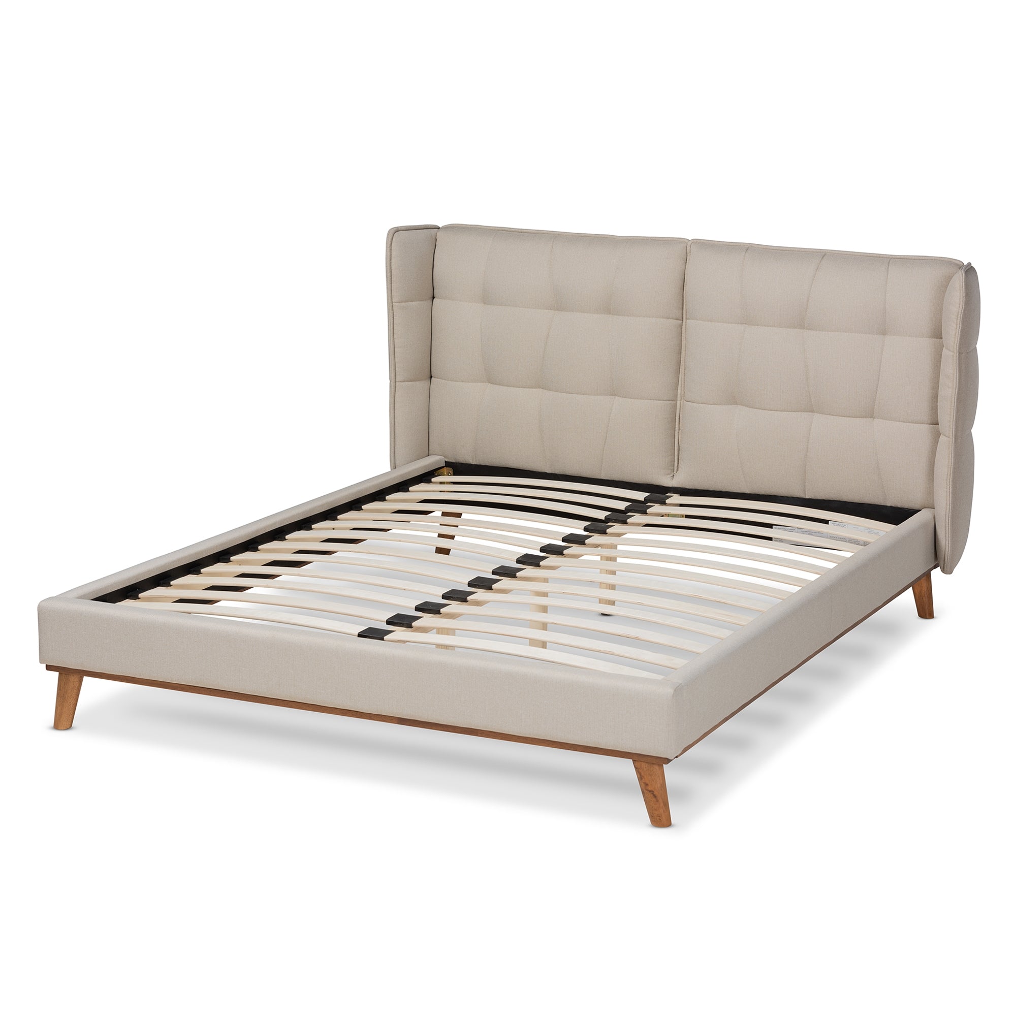 Baxton Studio Gretchen Modern and Contemporary Light Beige Fabric Upholstered and Walnut Brown Finished Wood Queen Size Platform Wingback Bed