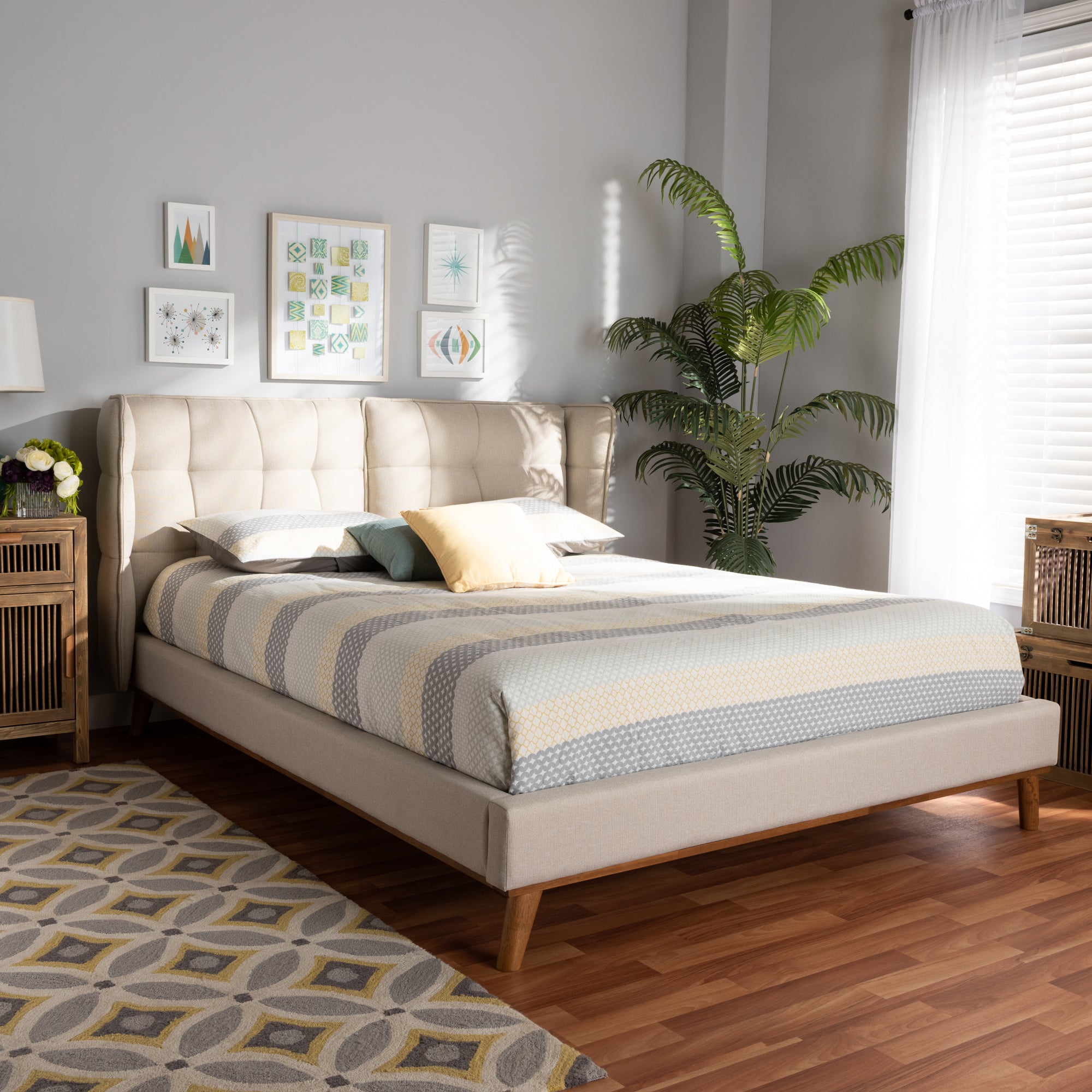 Baxton Studio Gretchen Modern and Contemporary Light Beige Fabric Upholstered and Walnut Brown Finished Wood Queen Size Platform Wingback Bed