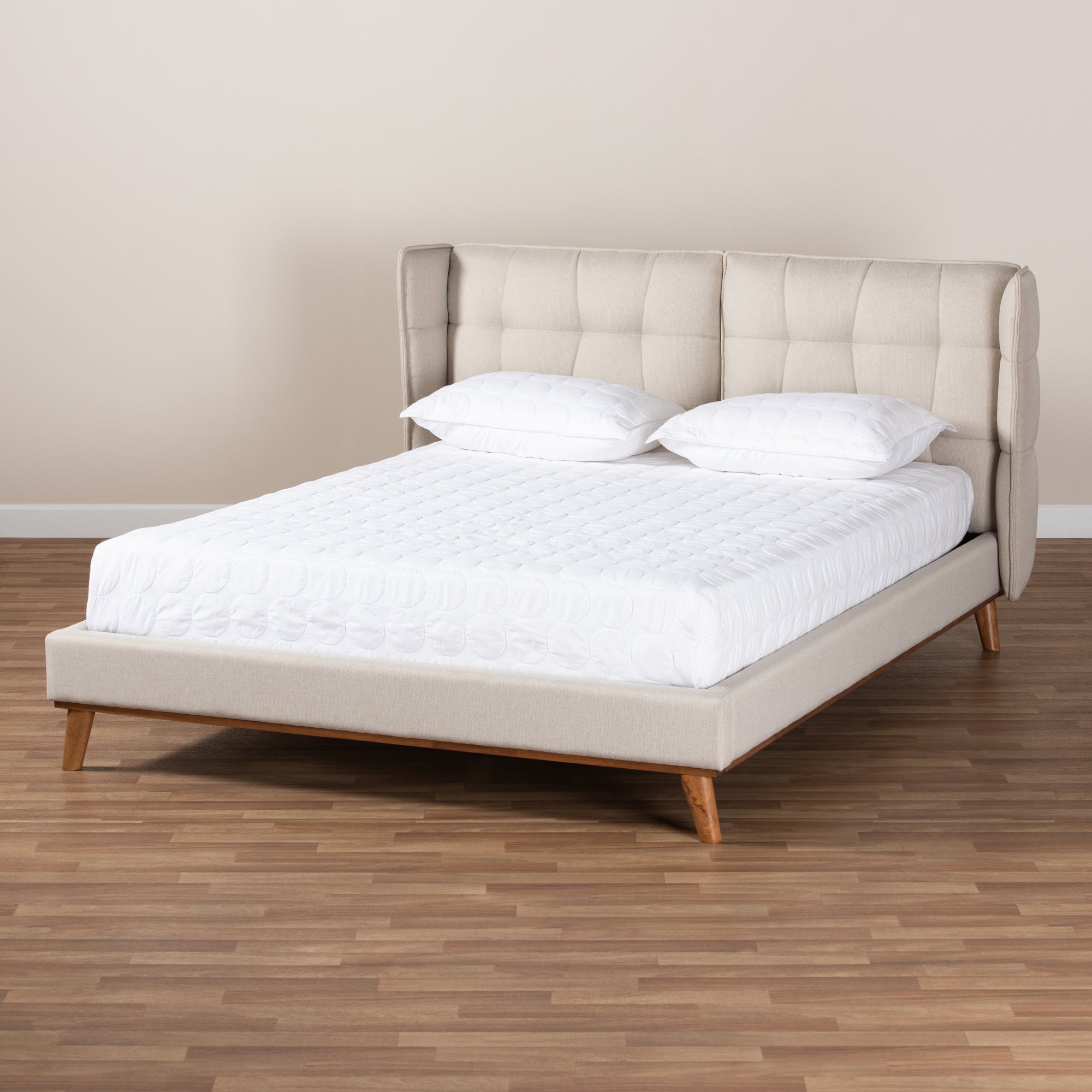Baxton Studio Gretchen Modern and Contemporary Light Beige Fabric Upholstered and Walnut Brown Finished Wood Queen Size Platform Wingback Bed