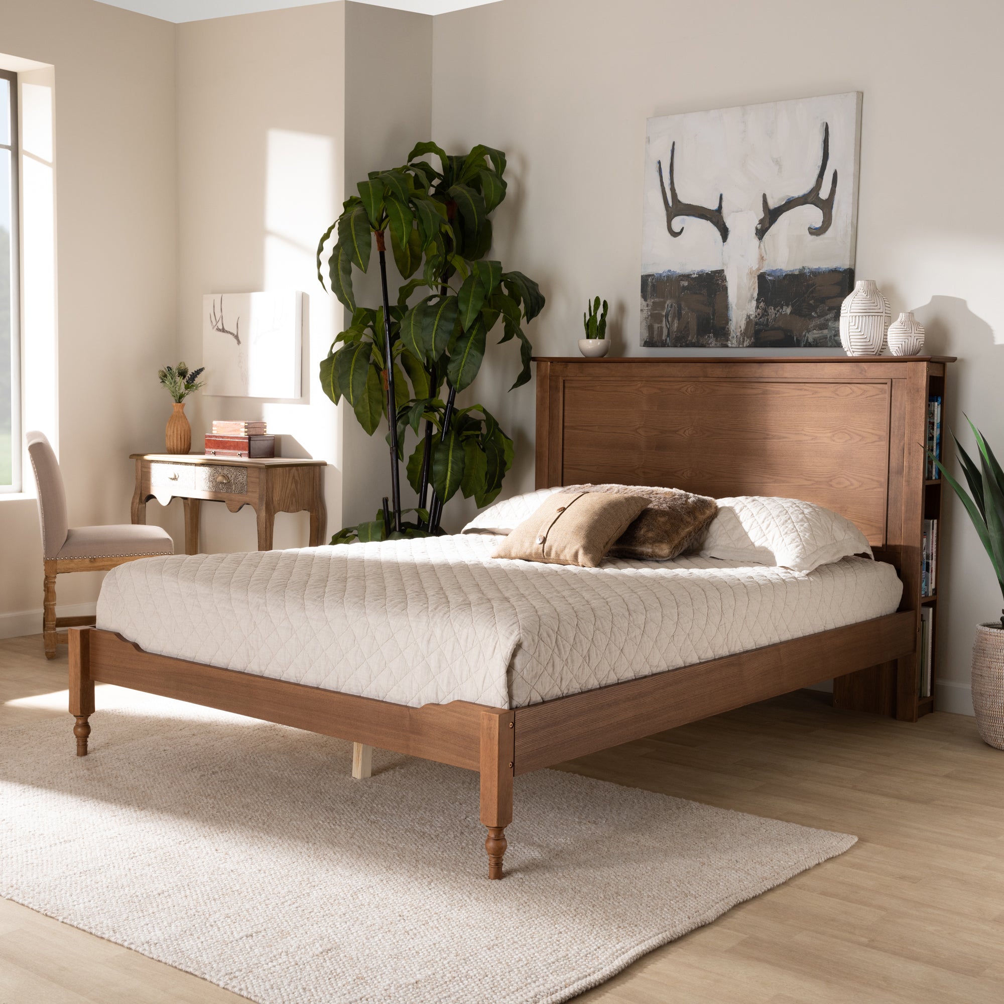 Baxton Studio Danielle Traditional and Transitional Rustic Ash Walnut Brown Finished Wood King Size Platform Storage Bed with Built-In Shelves