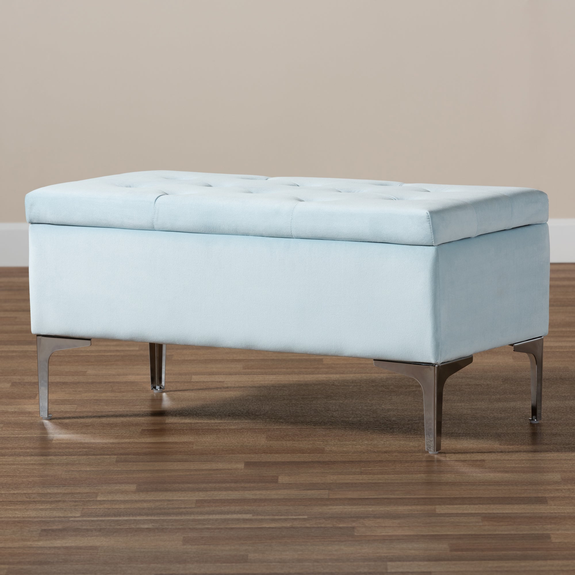 Baxton Studio Mabel Modern and Contemporary Transitional Light Blue Velvet Fabric Upholstered Silver Finished Storage Ottoman