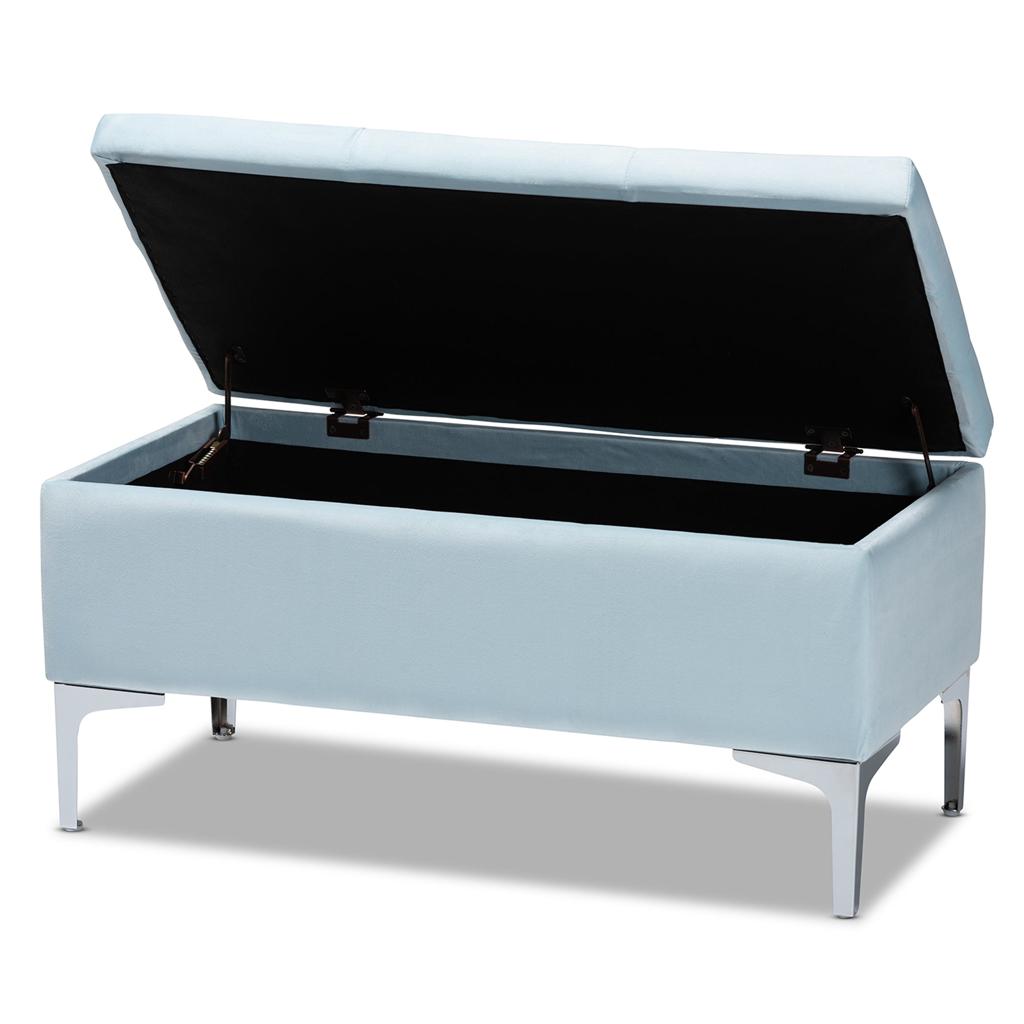 Baxton Studio Mabel Modern and Contemporary Transitional Light Blue Velvet Fabric Upholstered Silver Finished Storage Ottoman